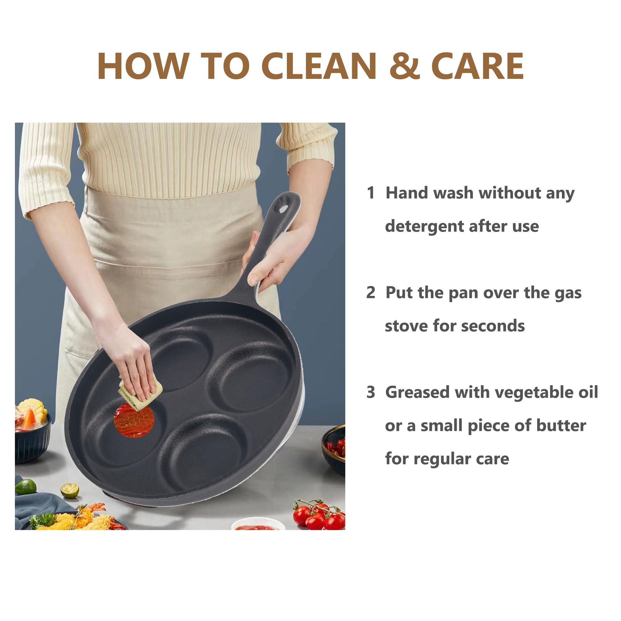 Waykea 4-Cup Cast Iron Fried Egg Pan 9.5    Pancake Pan Burger Omelet Cooker Griddle Egg Skillet For Breakfast, Kitchen Cookware