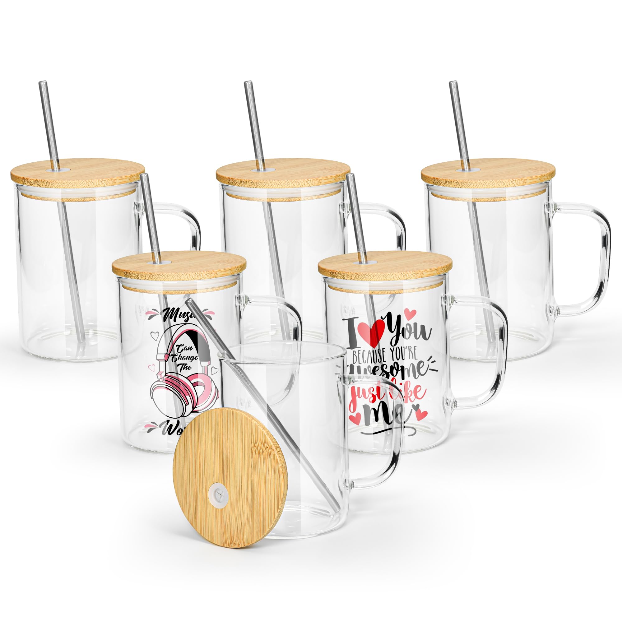 AGH 6 Pack Glass Sublimation Cups With Handle, 16oz Transparent Blanks With Bamboo Lid and Stainless Steel Straw, Mugs Tumblers