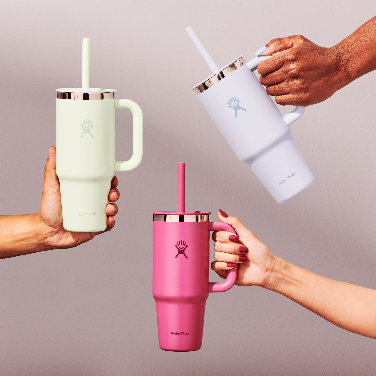 Hydro Flask Travel Tumbler with Handle, Lid and Straw - Insulated Stainless Steel in 24 Oz Oat