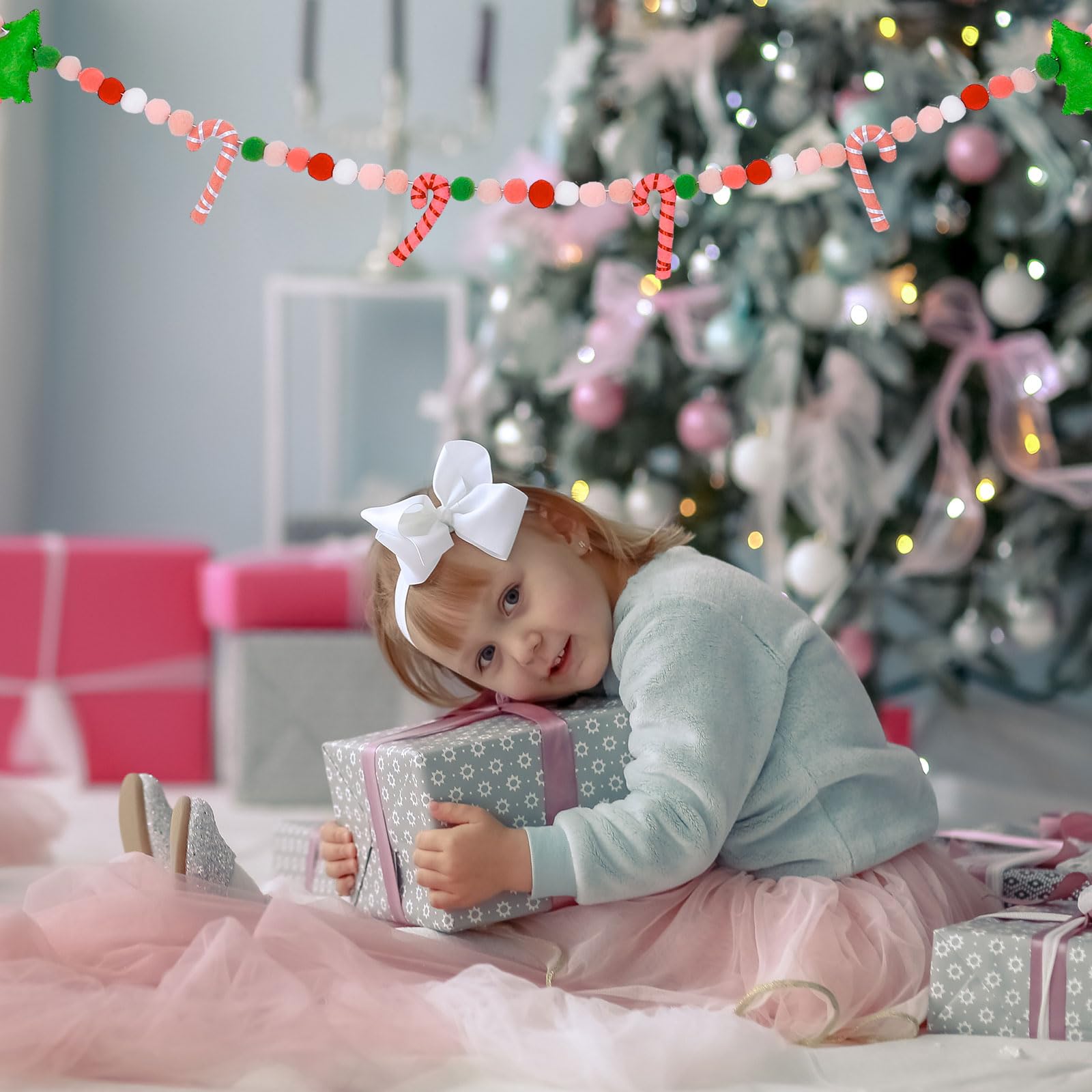 Whaline 8.2Ft Christmas Boho Felt Banner Xmas Tree Candy Cane Pom Pom Ball Pre-Strung Banner Pink Hanging Garland Ornament for H