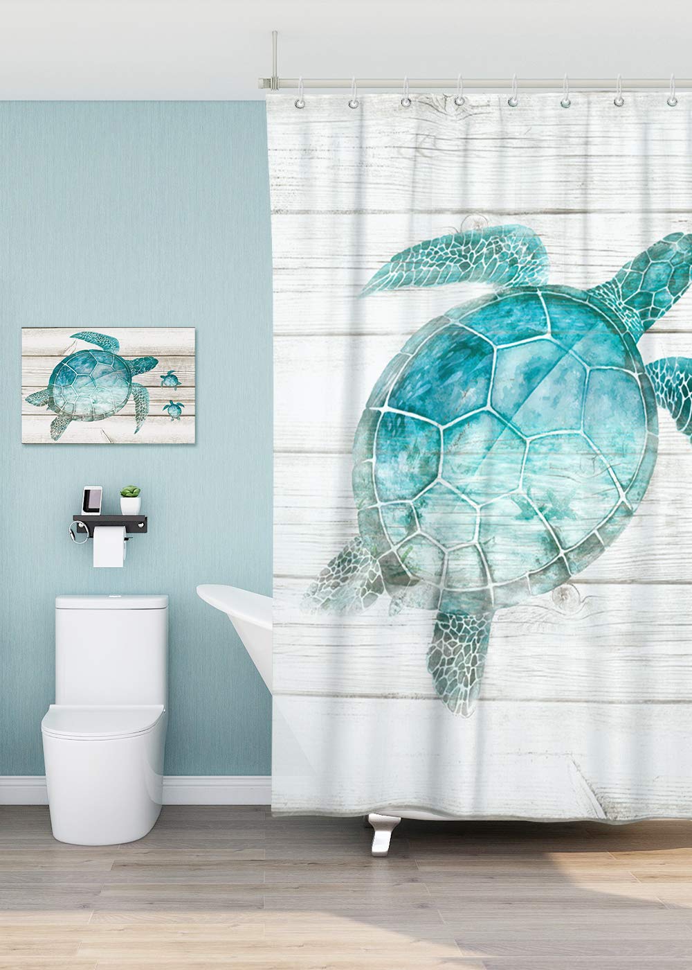 Sumgar Blue Ocean Shower Curtain For Bathroom Coastal Beach Decoration Teal Sea Turtle Curtain Set With Hooks, 72 X 72 Inch