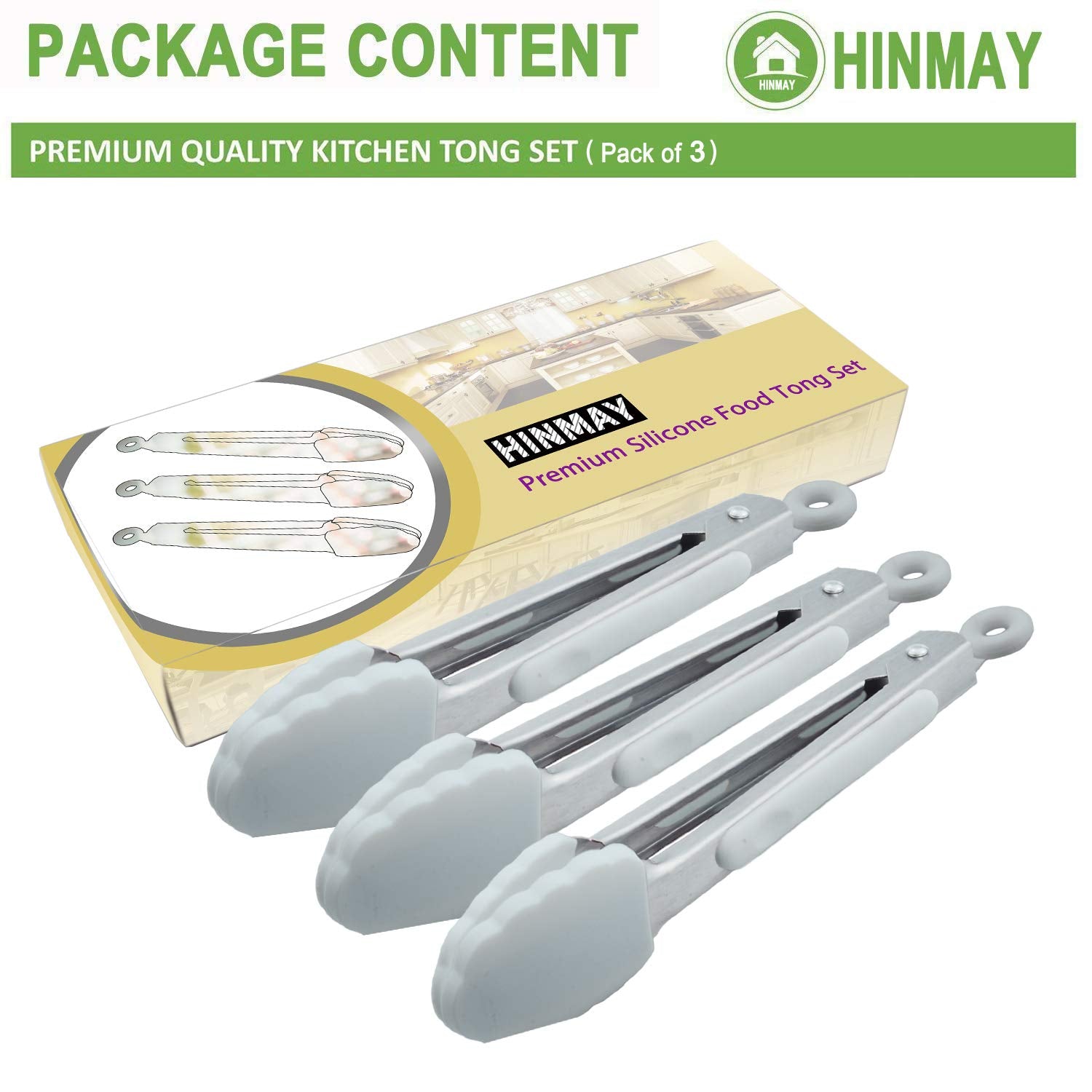 Hinmay Mini Silicone Tongs 7-Inch Small Salad Tongs, Set Of 3 (White)