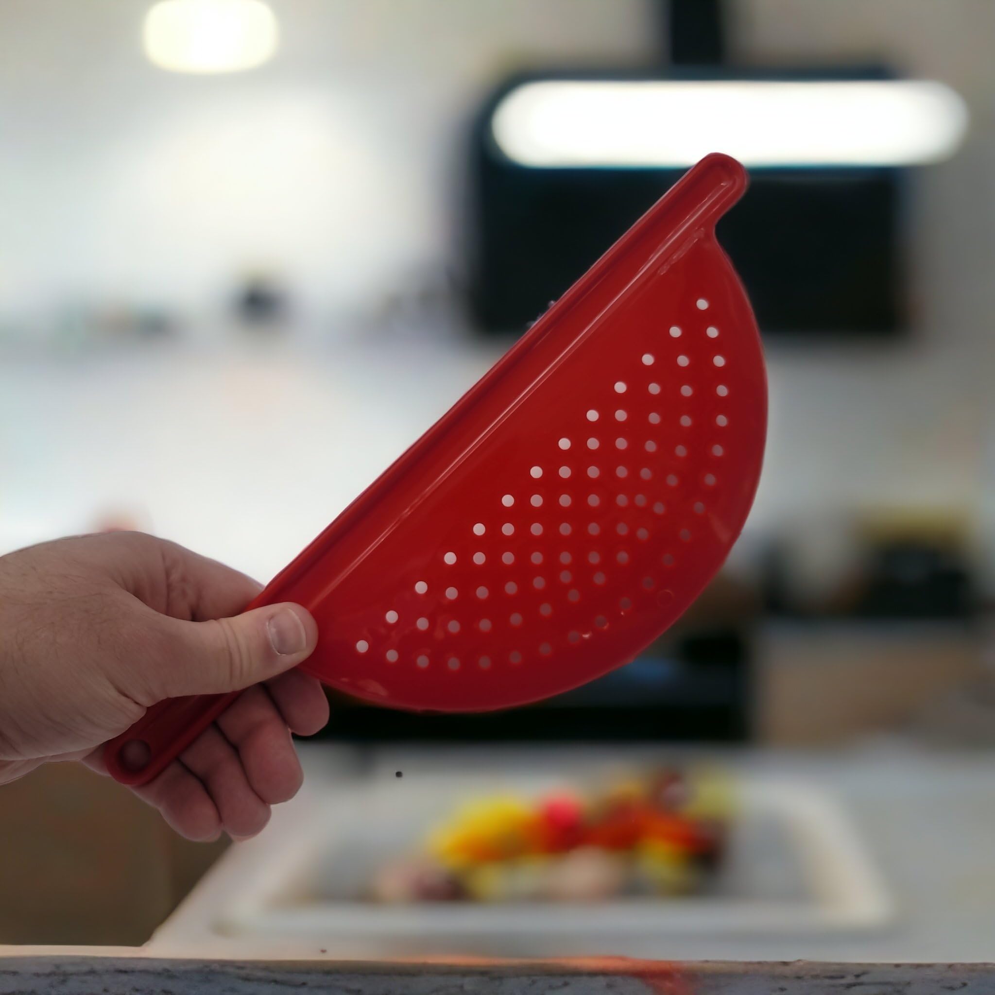 Handy Housewares Hand Held Plastic Pot Drainer, Pasta Noodle Veggie Strainer With Handle - Fits Up To 9'' Pot - Red