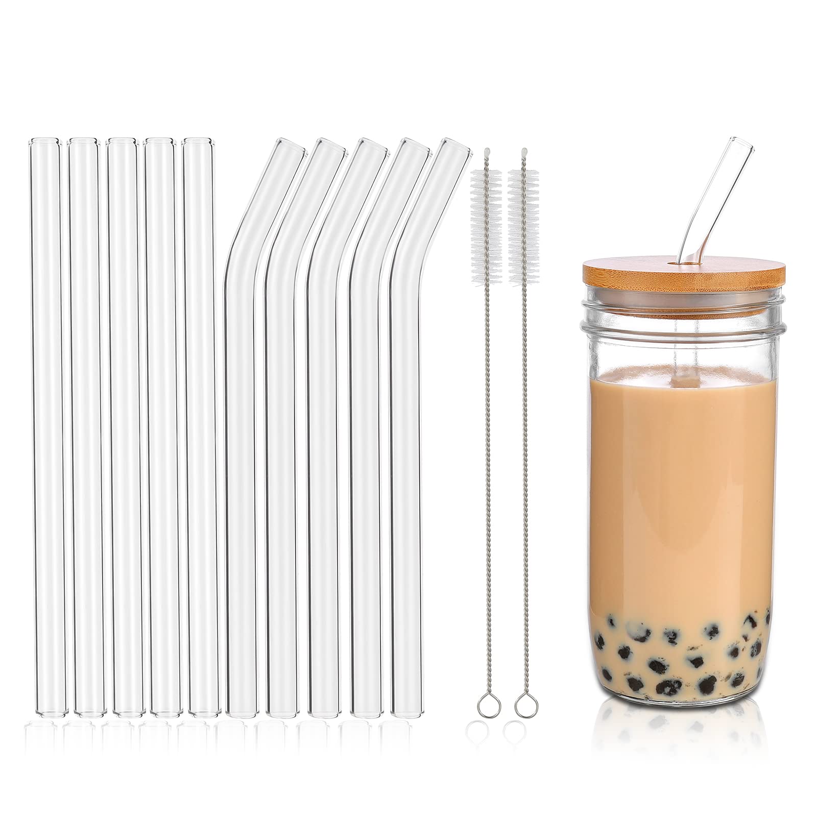 Renyih 10 Pcs Reusable Glass Boba Straws,9''X14 Mm Wide Glass Drinking Straws Jumbo Smoothie Straws For Bubble Tea,Milkshakes,Se