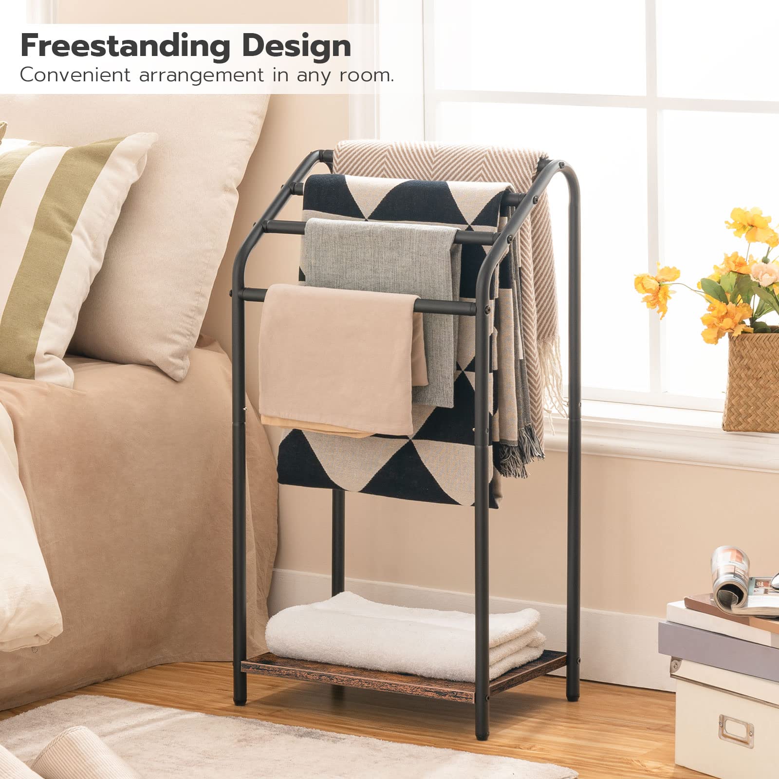 Hoobro Freestanding Towel Rack, 4 Tier Blanket Rack Stand, 16.3''L X 11.2''W X 31.3''H, Blanket Ladder Holder, Quilt Rack, Dryin