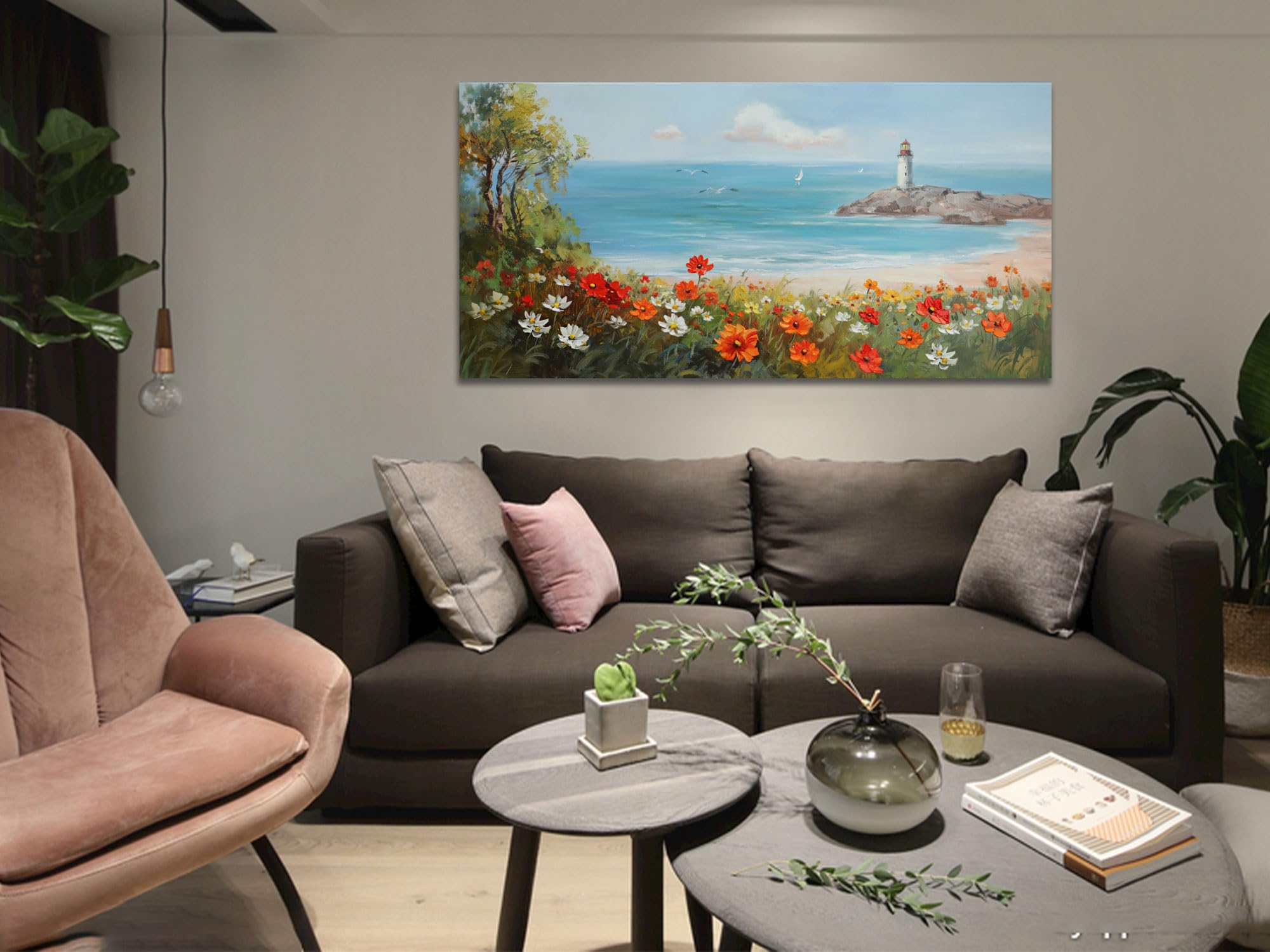 Ardemy Flowers Wall Art Canvas Blue Ocean Lighthouse Painting Seascape Landscape Coastal Picture, Textured Floral Artwork Extra