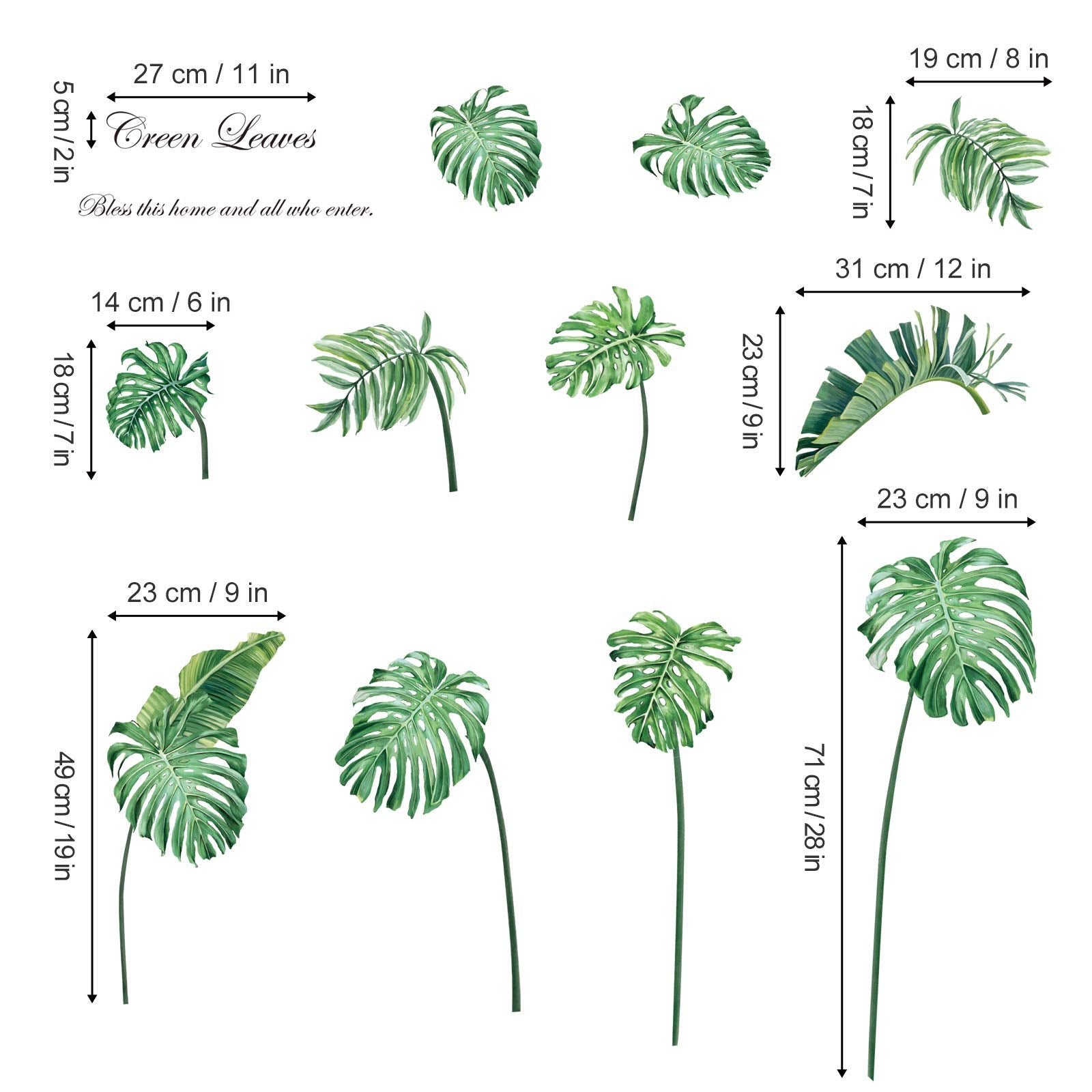 decalmile Green Tropical Leaves Wall Decals Palm Tree Leaf Plants Wall Stickers Bedroom Living Room Sofa TV Background Wall Art Decor