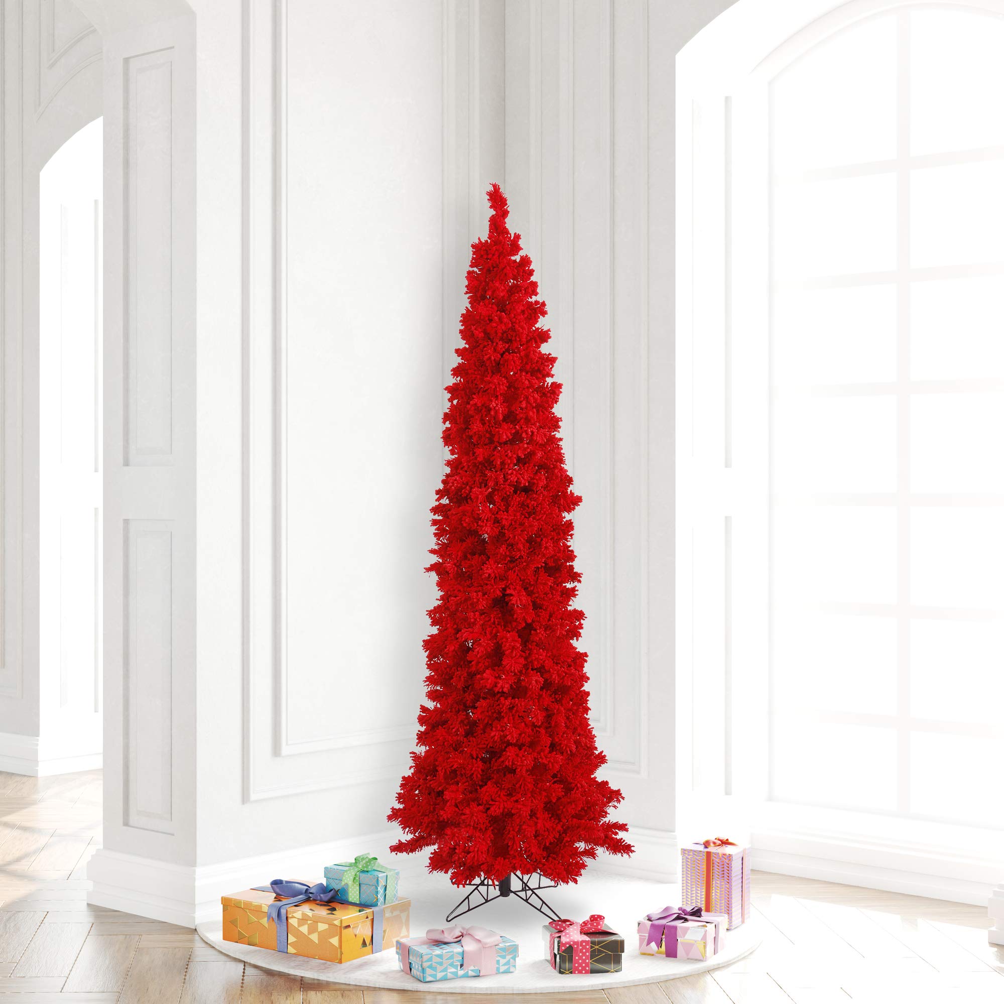 Vickerman 6.5' Flocked Red Pencil Fir Artificial Christmas Tree, Red Dura-lit LED Lights - Snow Covered Faux Tree - Seasonal Ind