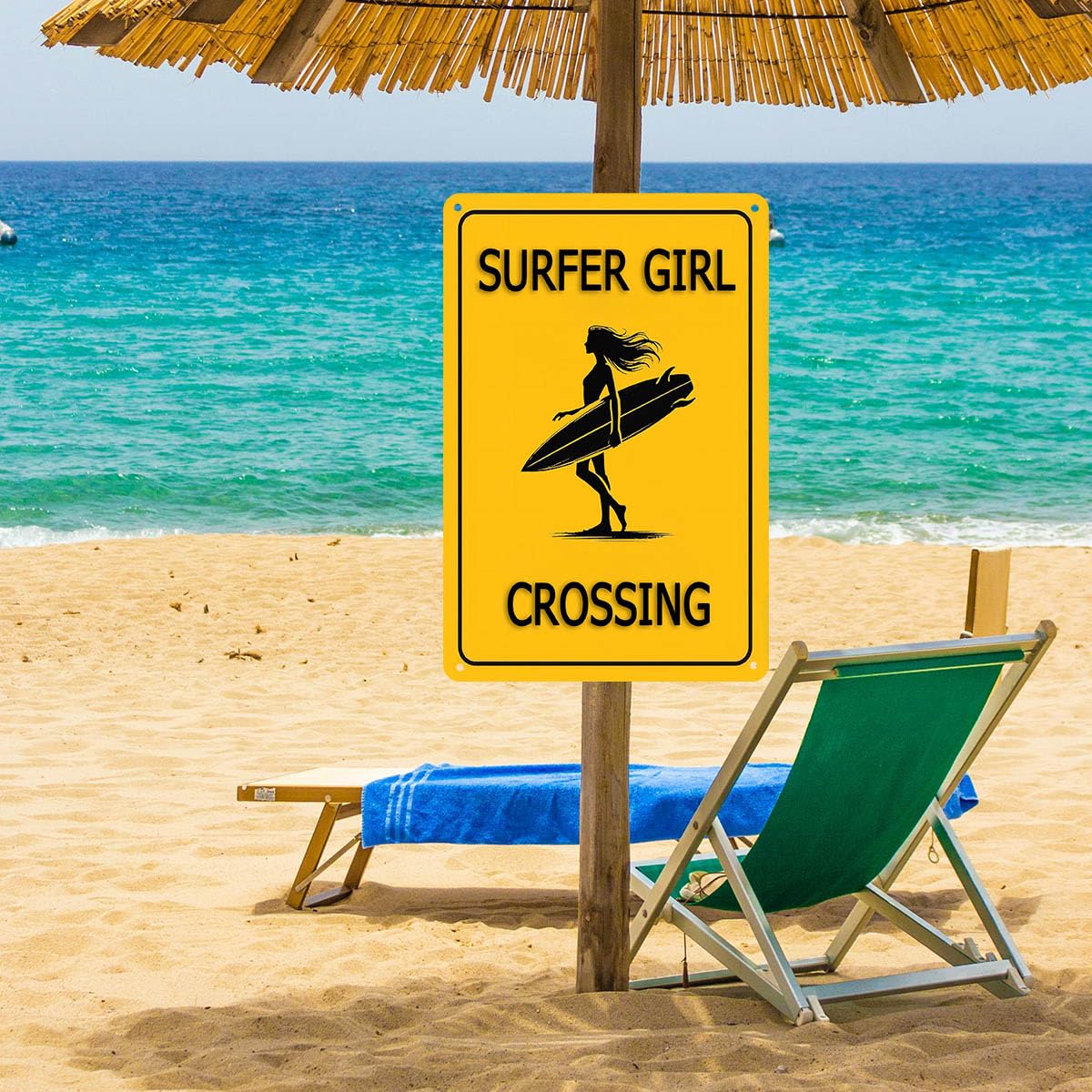 Surfer Girl Crossing Metal Sign - Surfboard Wall Art for Beach Room Decor, Surfer Gifts for Women and Teen Girls, Cool Surfing R