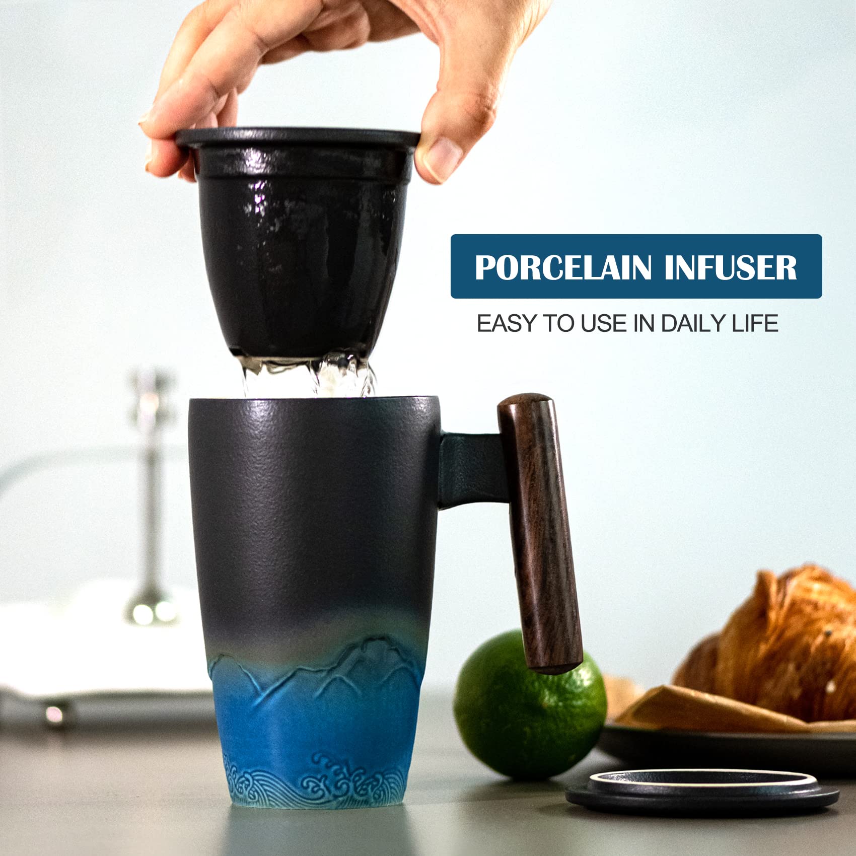 Suyika Tomotime Ceramic Tea Cup With Infuser And Lid Tea Mugs Wooden Handle 400Ml/13.5Oz Black Cyan
