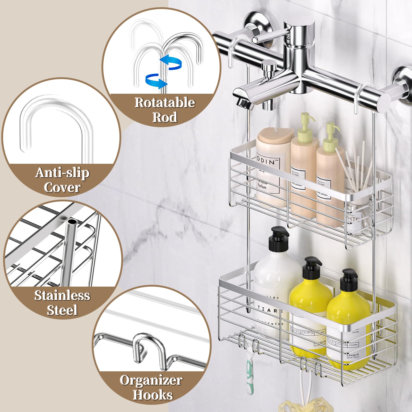 Dellan Hanging Shower Organizer, 2-Tier Shower Rack With Hooks Over The Door, Bathroom Shower Caddy And Basket