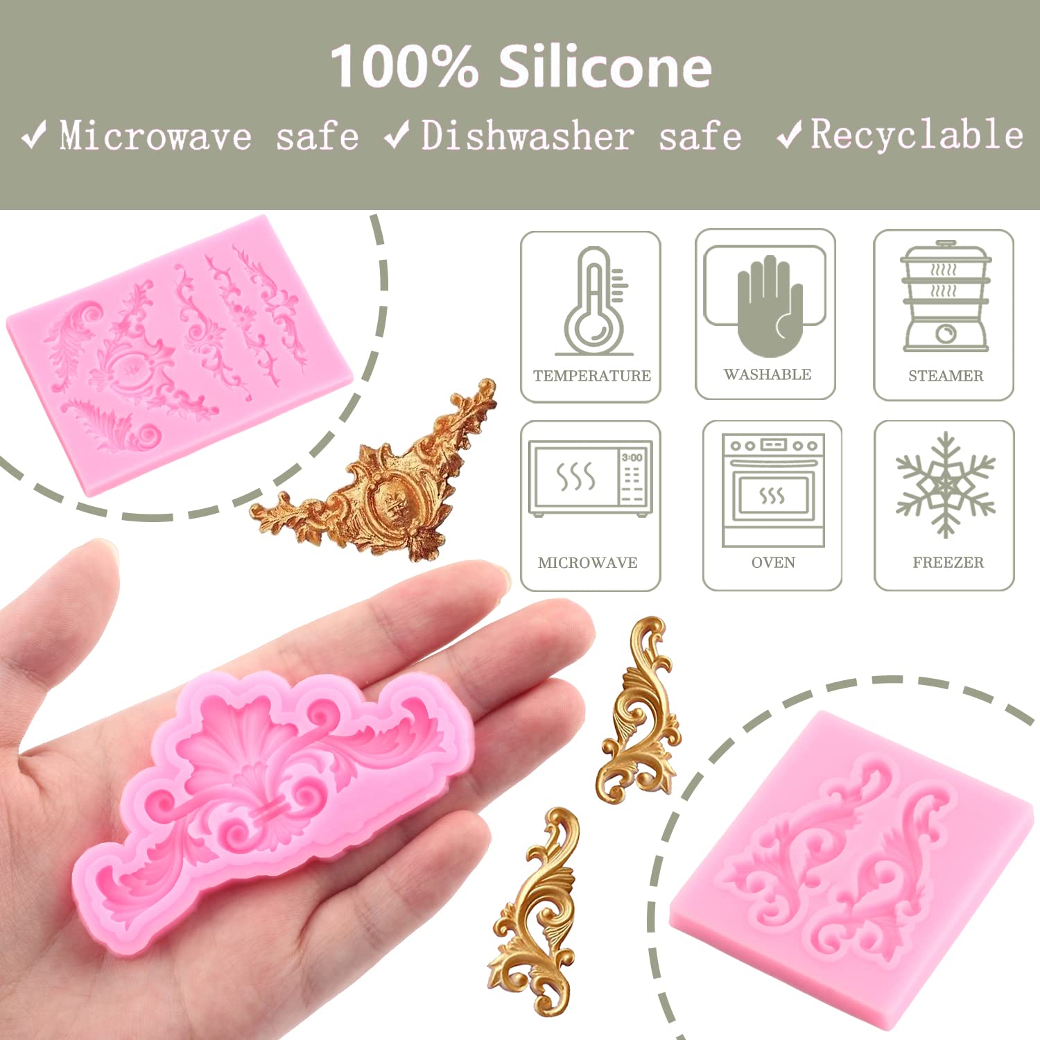 Zixiang Baroque Style Curlicues Scroll Lace Silicone Fondant Molds Relief Flower Mold Filigree Mold For Cake Decorating Cupcake