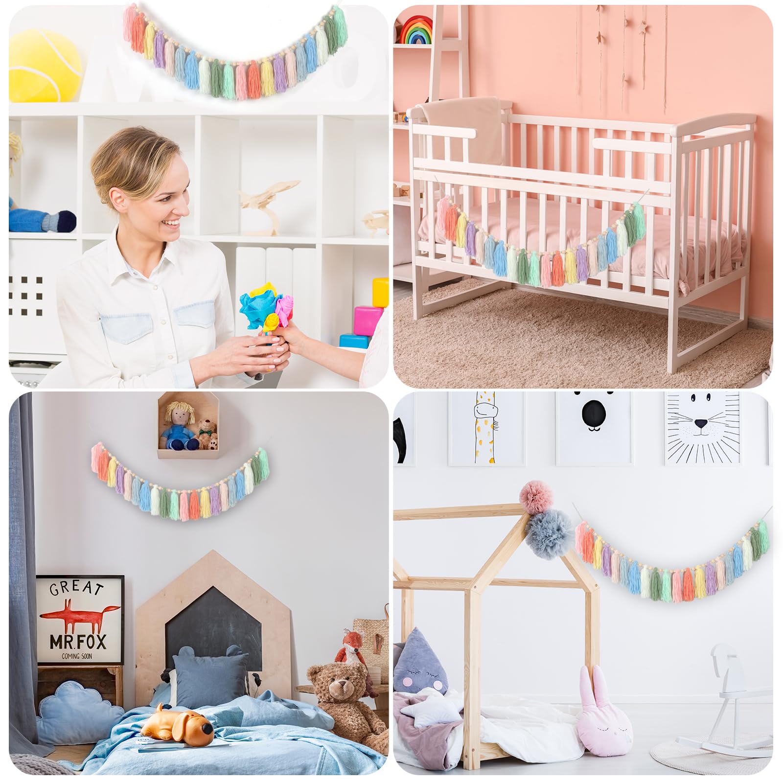 GIAUMA Boho Yarn Tassel Garland with Wood Beads Pastel Wall Hanging Tassels Bunting Banner for Spring Easter Classroom Nursery B