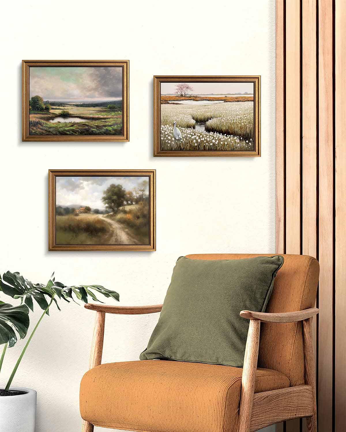 Framed Vintage Wall Art Classical French Landscape Painting Wildflowers Field Canvas Wall Art Print Kitchen Living Room Wall Dec