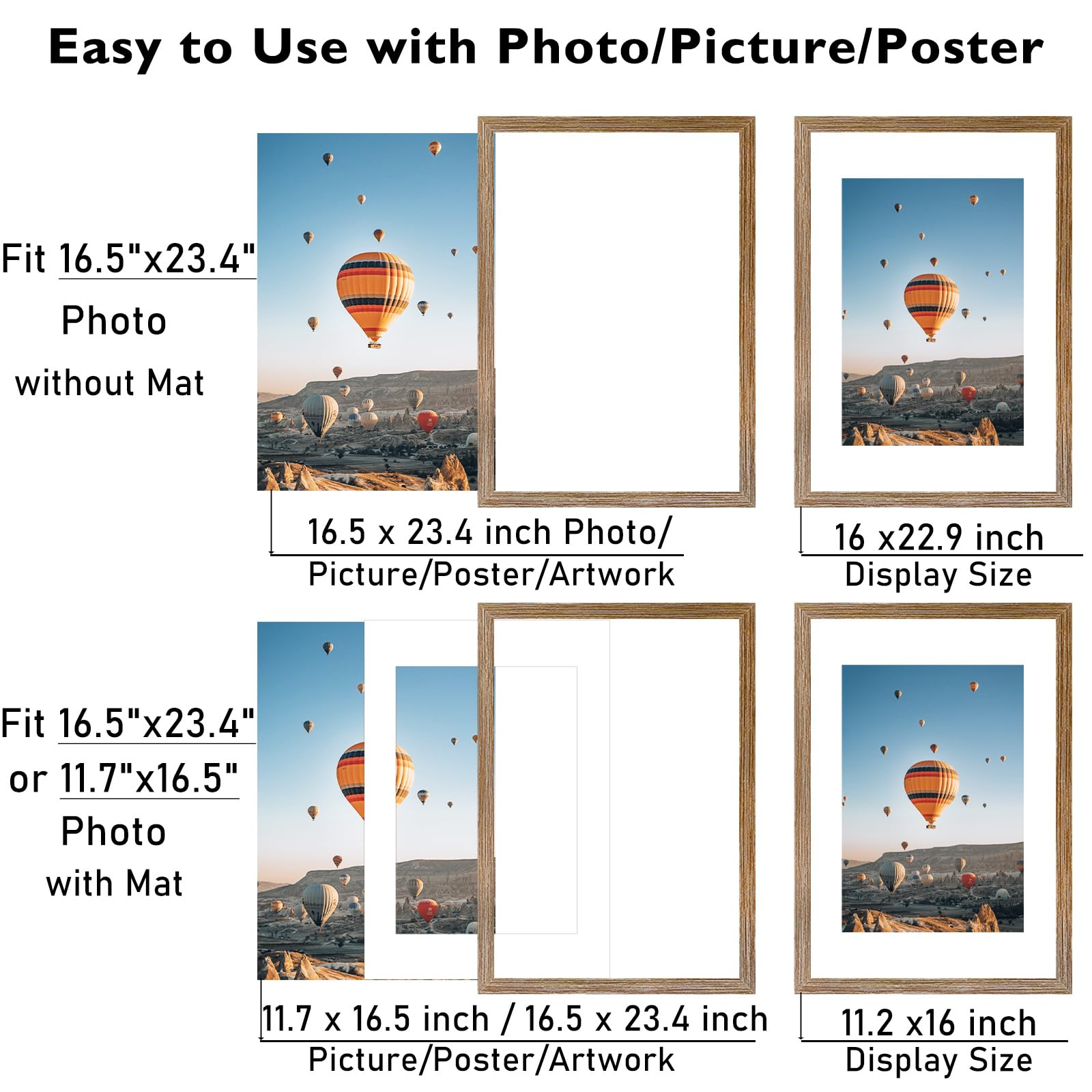 JCJMY 16.5x23.4 A2 Picture Frame Rustic Brown with 11.7x16.5 A3 Mat, Display Photo 11.7x16.5 with Mat or 16.5 x 23.4 Without Mat