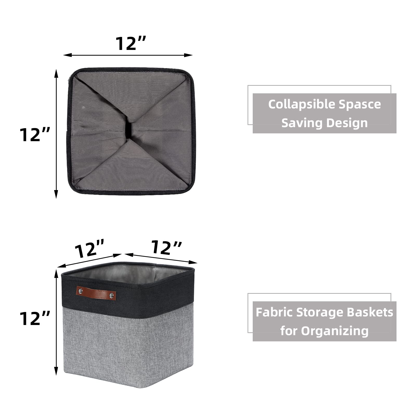 HNZIGE Decorative Storage Basket(4 Pack ) Linen Cube Storage Baskets for Organizing Toys Books Towels Blankets 12x12 Baskets for Storage Clothes with Handles(Black&Grey)