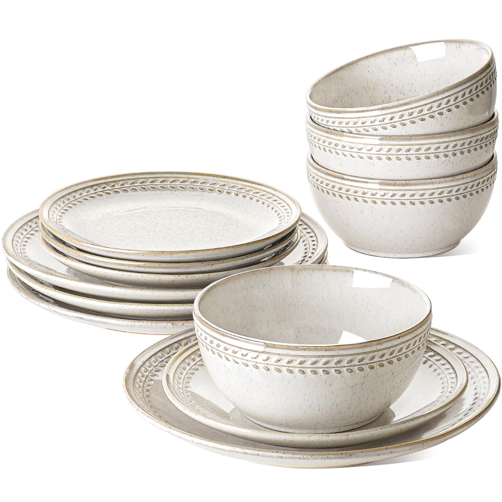LE TAUCI Plates and Bowls Sets for 4, 12 Piece Ceramic Dinnerware Sets, Kitchen Stoneware Dish Set, Chip Resistant, Microwave & 
