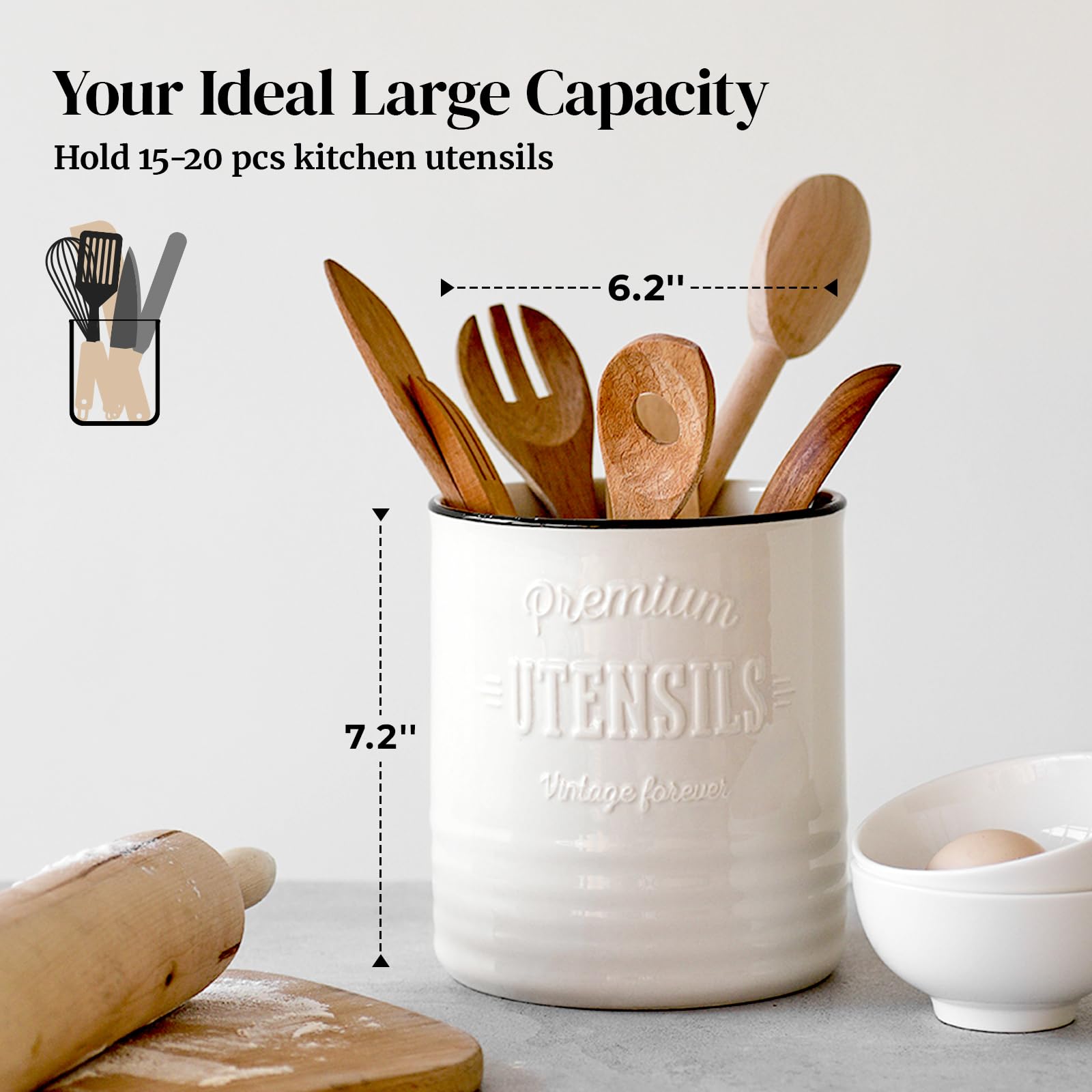 DOWAN 7.2'' Extra Large Kitchen Utensil Holder - Farmhouse Utensil Holder for Countertop - Ceramic Utensil Crock with Protection Cork Mat - Kitchen Decor & Housewarming Gift (White)
