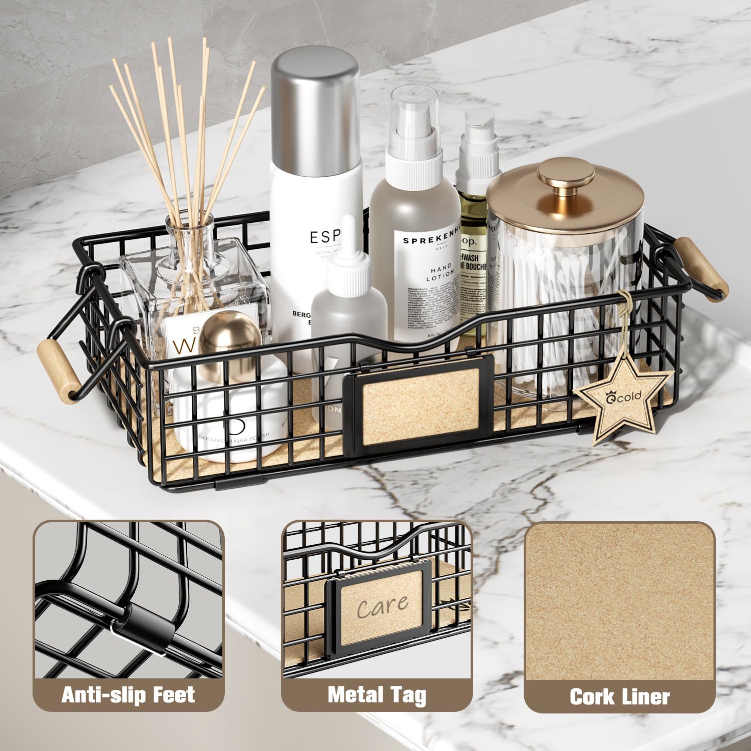 Qcold Metal Wire Basket Storage  Bathroom Basket for Organizing  Bathroom Counter Organizer with Wooden Handles  Farmhouse Bathroom Decor Tray  Toilet Paper Basket Storage (Small  Black)