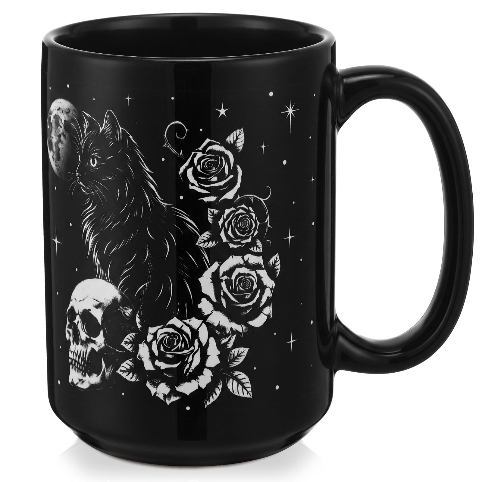 LemonRoad Black Cat Skull 15 oz Gothic Ceramic Coffee Mug Moon Rose