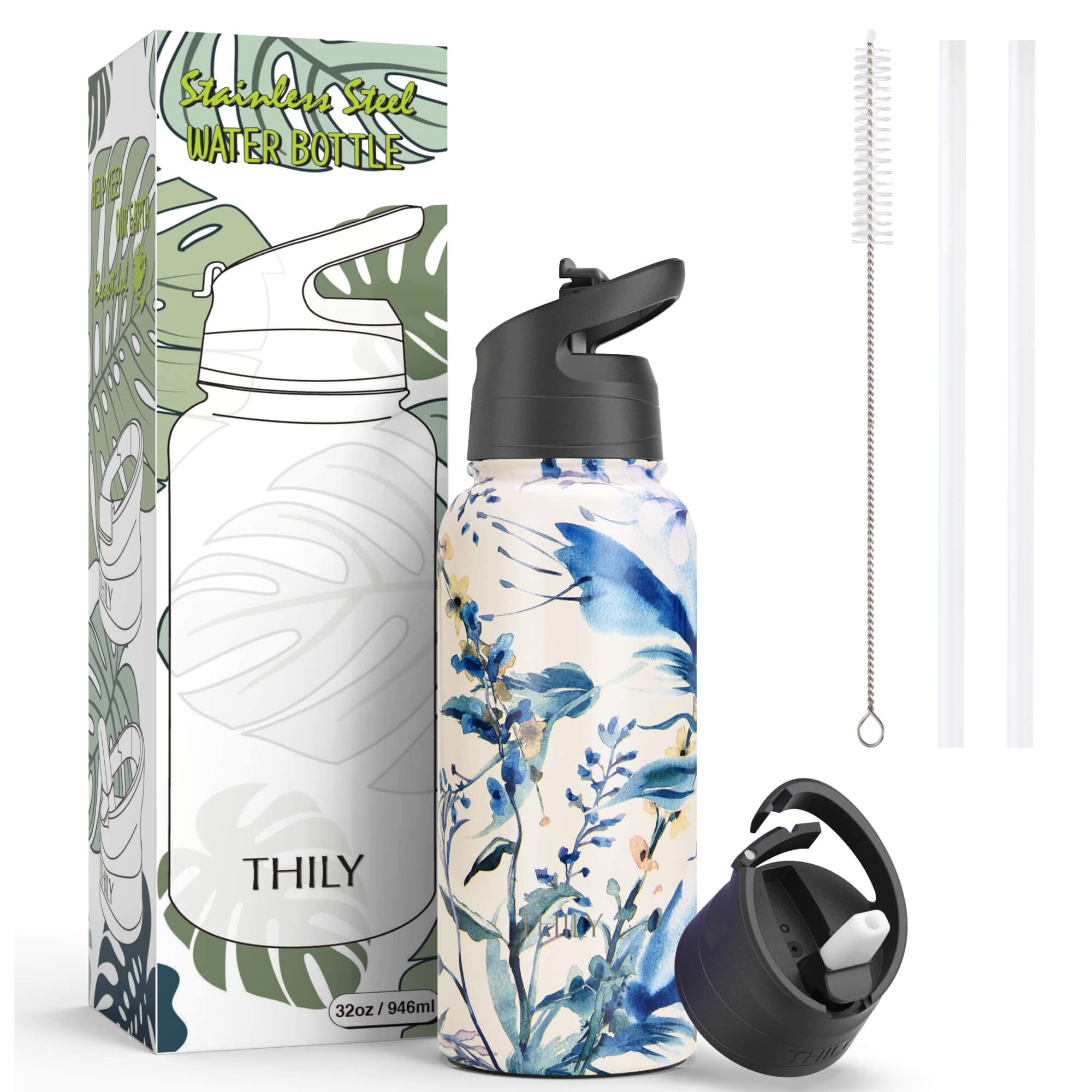 Thily Stainless Steel Insulated Water Bottle Triple Insulated 32 Oz Leakproof Wide Mouth Water Flask With 2 Lids And Straws, Kee