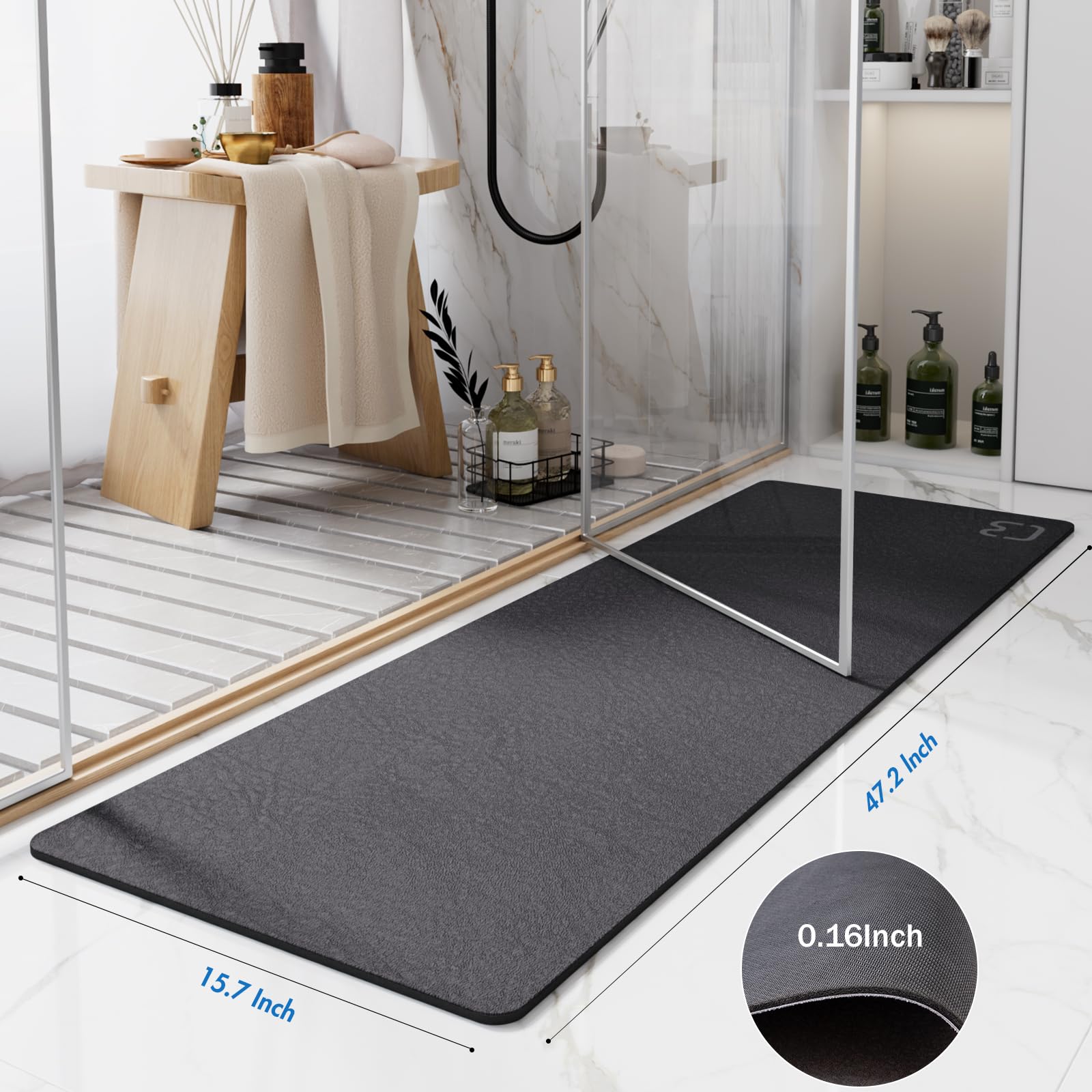 Dark Grey Bath Mat 15.7'' X 47.2'' Extra Long Bathroom Mat Large Fast Dry Super Absorbent Non-Slip Rubber Backed Shower Mat Bath
