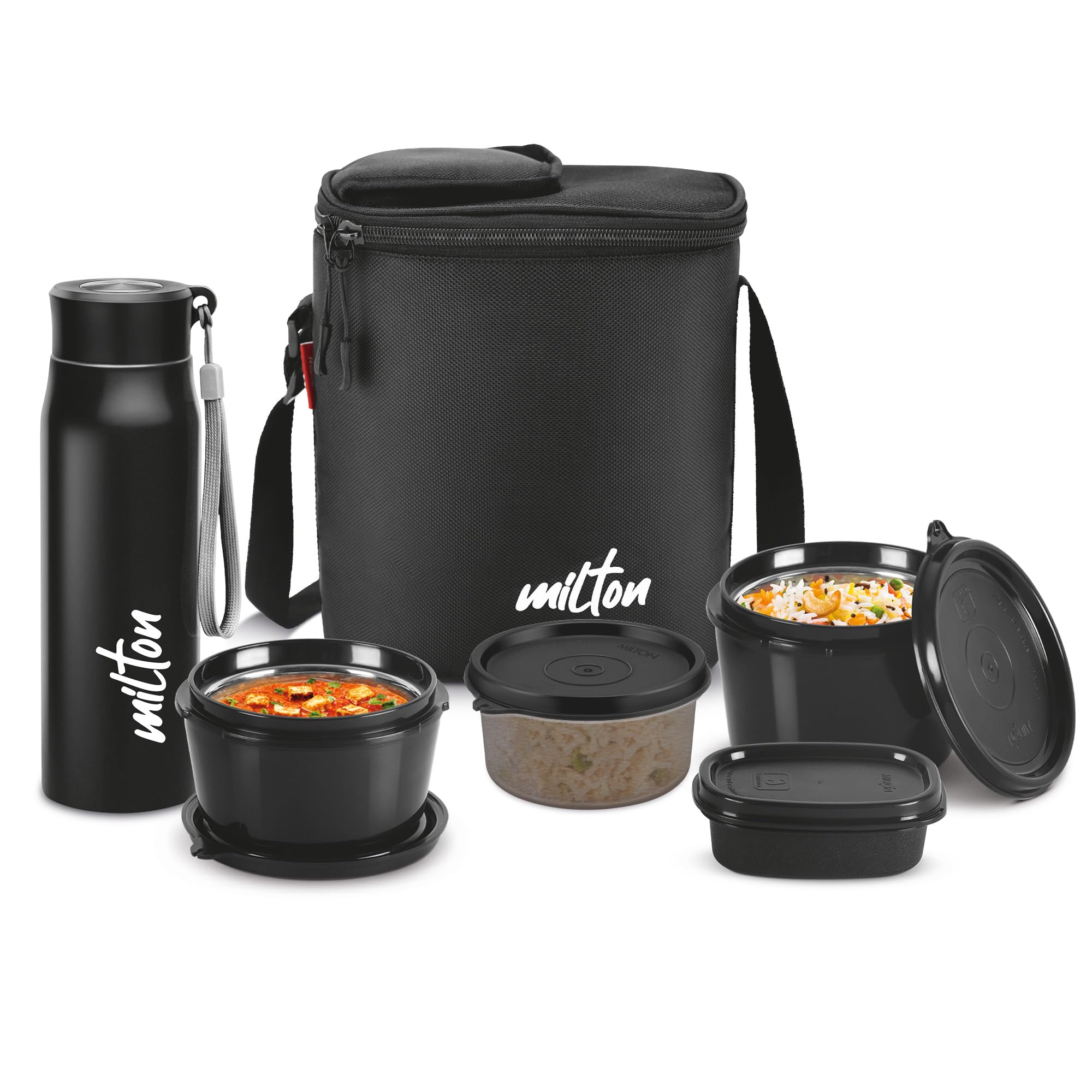 Milton Max Meal Tiffin (2 Microwave Safe Inner Steel Containers, 320, 450Ml;1 Plastic Container,280Ml; 1 Handy Bottle,690Ml,1 Pl