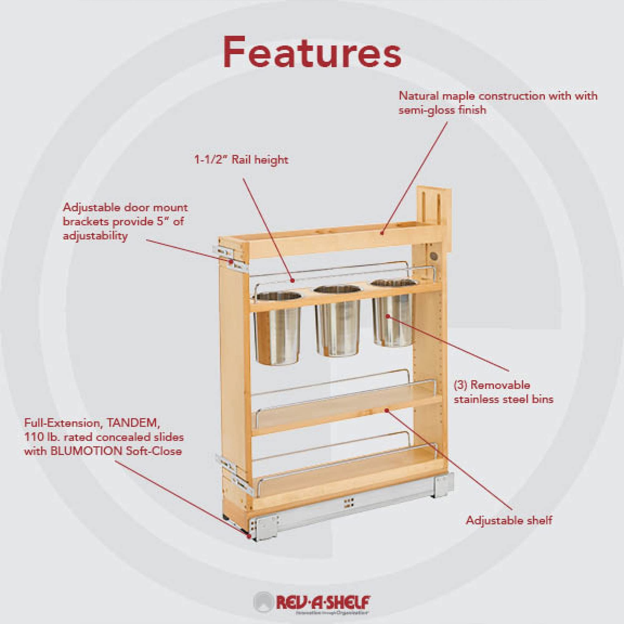 Rev-A-Shelf 5'' Pull Out Storage Organizer For Base Kitchen Cabinets W/Soft-Close, Sliding Shelves For Utilities, Utensils Or Sp