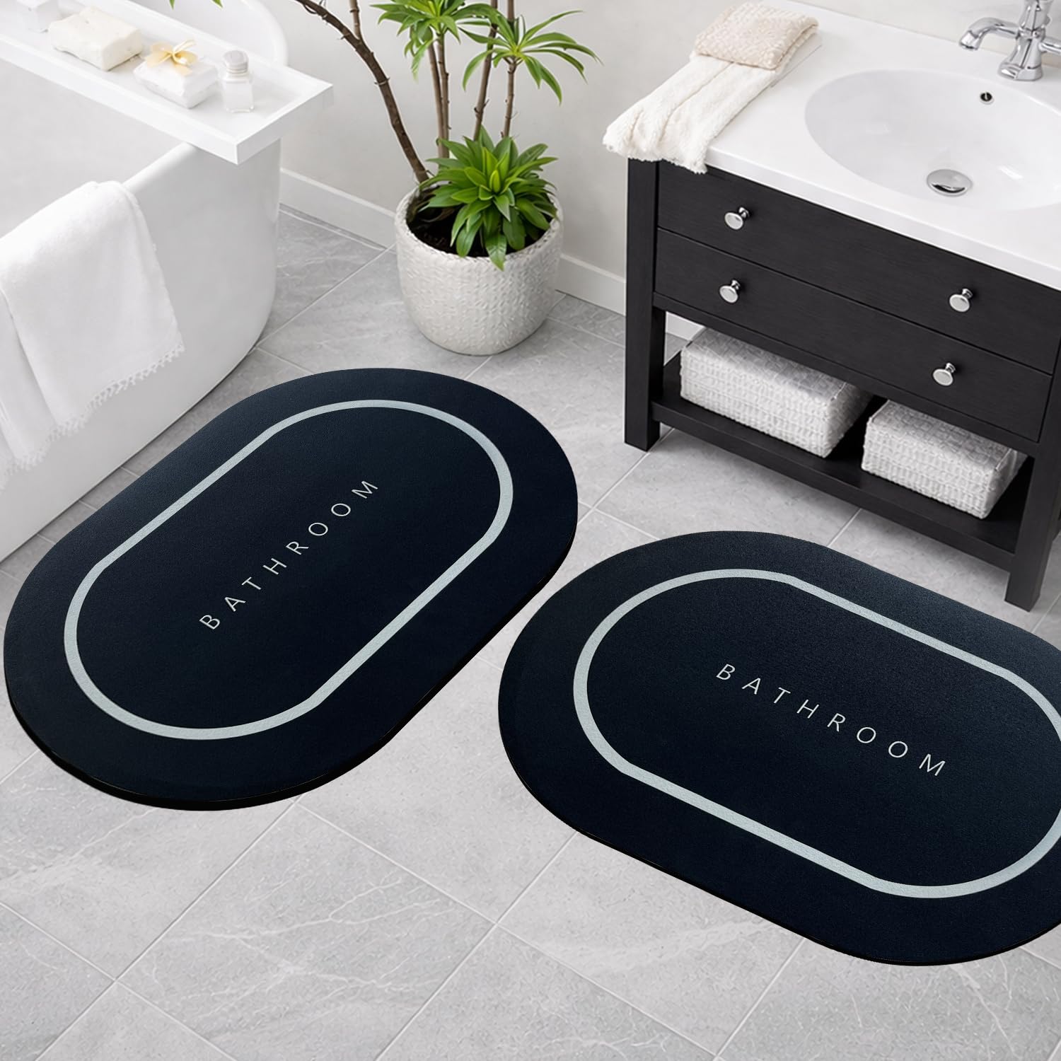Canway 2 Pieces (3.5 Mm) AntiSkid Water Absorbent Bathroom Print Mat | Quick Dry & Soft Door Mat 40X60Cm Black