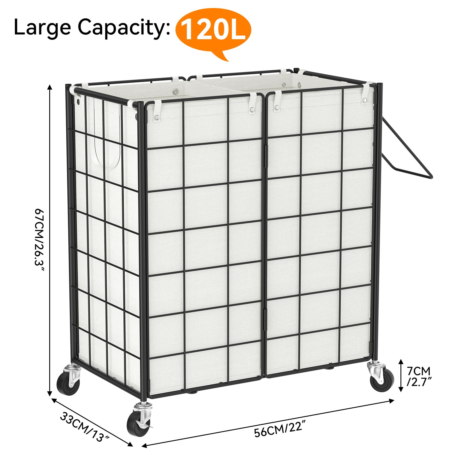 Wowlive Double Laundry Hamper With Wheels,Metal Wire Frame Rolling Laundry Basket With 2 Removable Bags,120L Dirty Clothes Hampe