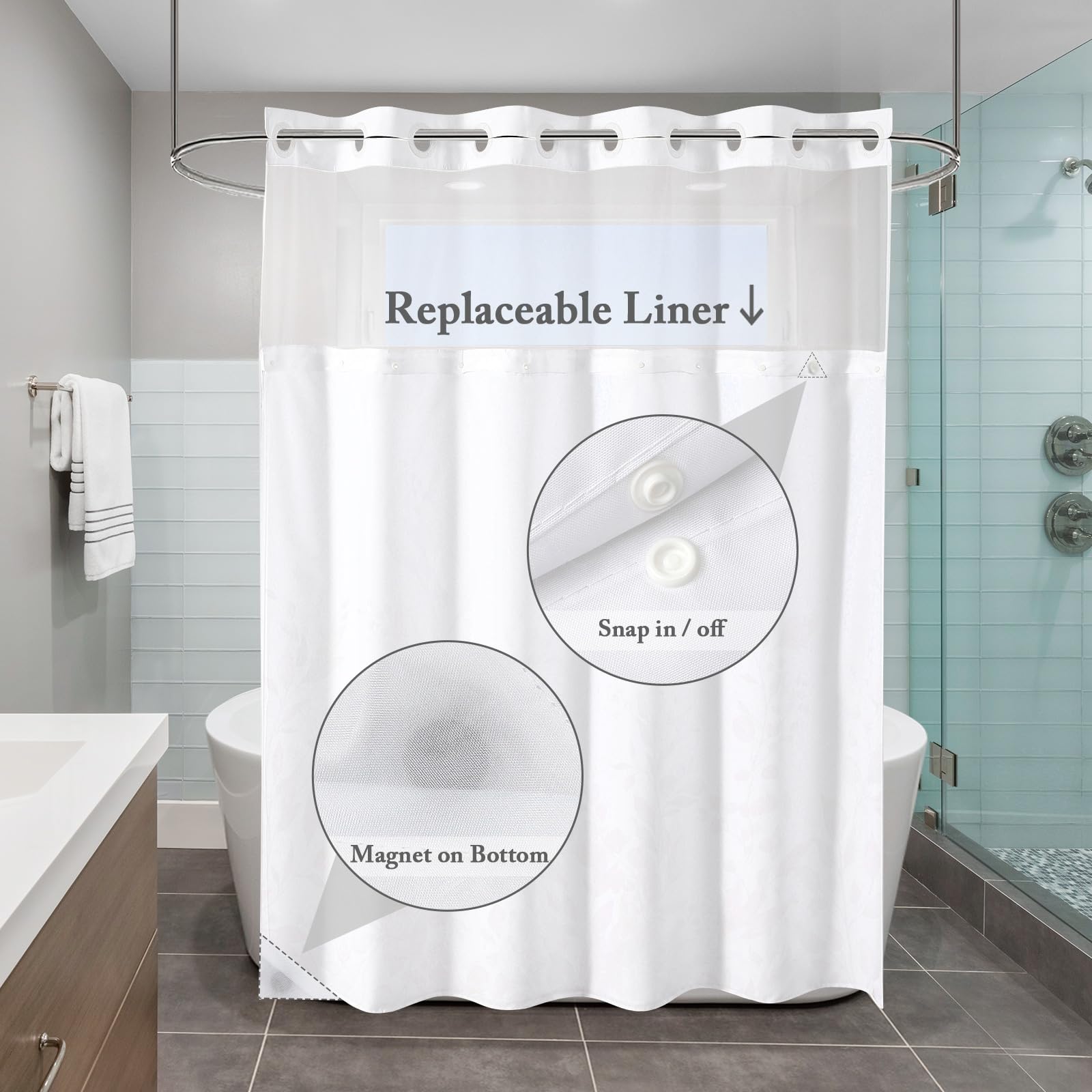 Gibelle No Hook Eucalyptus Shower Curtain With Snap-In Fabric Liner Set, Hotel Style Sage Green Plant Leaves Double Shower Curta
