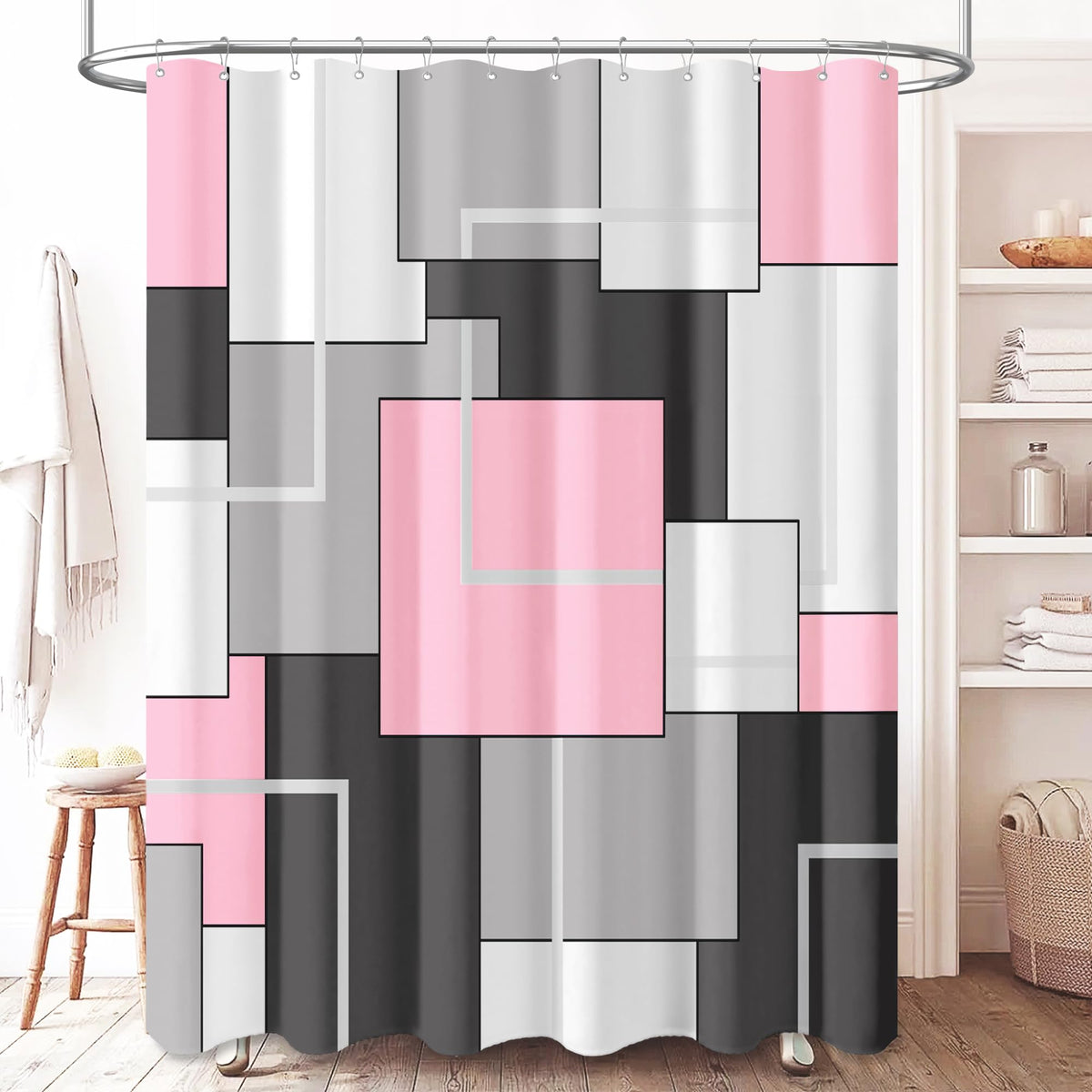 Bttn Extra Long Shower Curtain - 72 X 84 Inch Long Geometric Decorative Fabric Shower Curtain Set With 12 Plastic Hook, Water Re