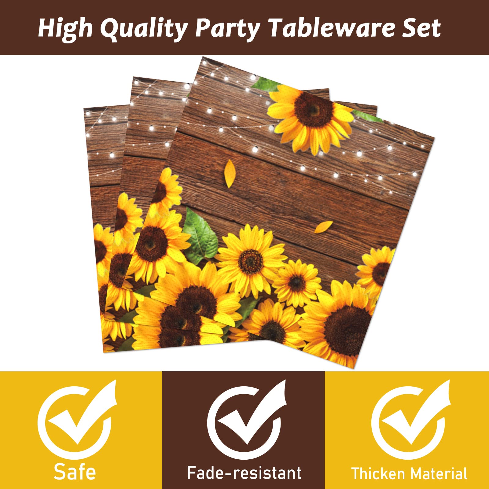 Wiooffen 96 Pcs Sunflower Party Supplies Sunflower Wood Grain Themed Party Decoration Sunflower Party Tableware Set Kids Party P