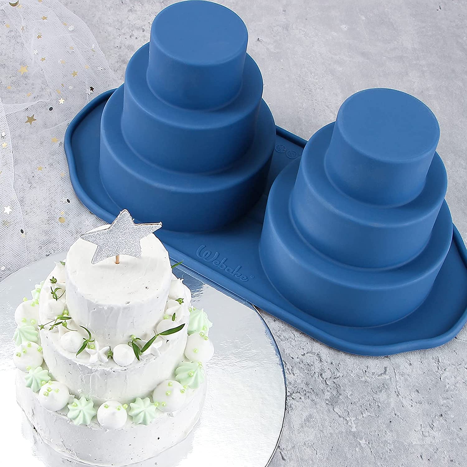 Webake Mini 3 Tier Cake Pan, Silicone Tier Cake Molds, 2 Pack Blue Molds For Small Smash Cake Cupcake For Birthday, Baby Shower,