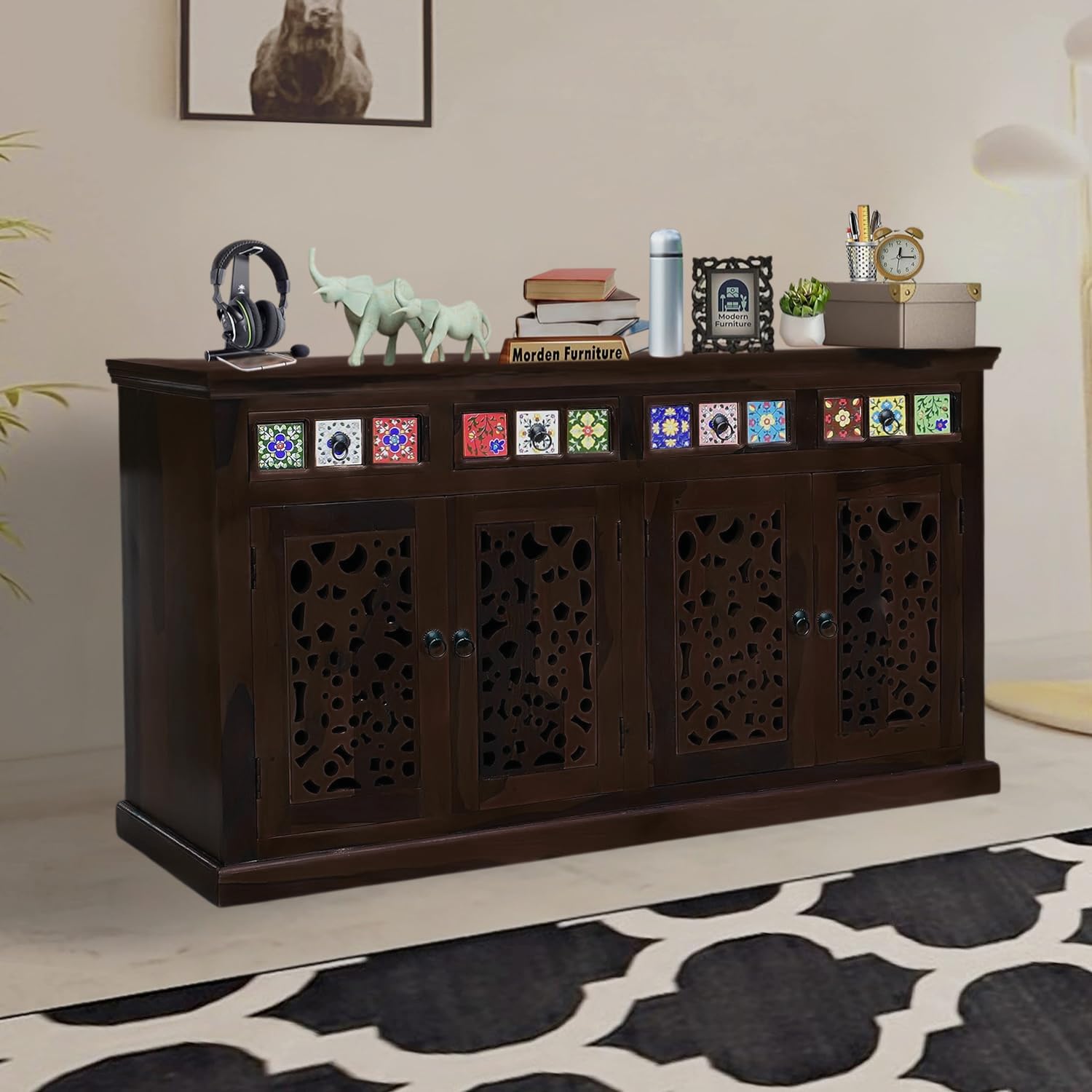 Sona Art & Crafts Cnc Tile Solid Sheesham Wood Sideboard Cabinet Storage Organizer With 4 Drawer & 4 Door Cabinet For Home Kitch