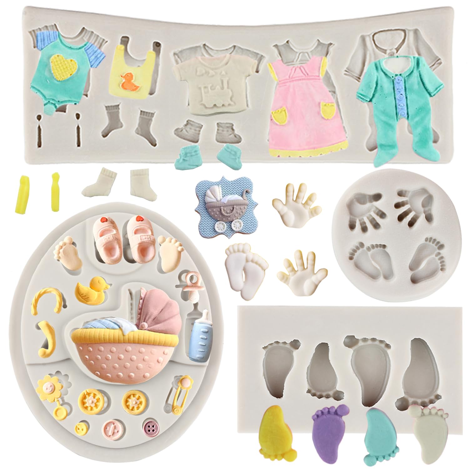 Mypracs Cute Baby Silicone Fondant Cake Mold Baby Shower Fondant Mold Baby Hand Feet Baby Carriage Mold For Baby Birthday Party