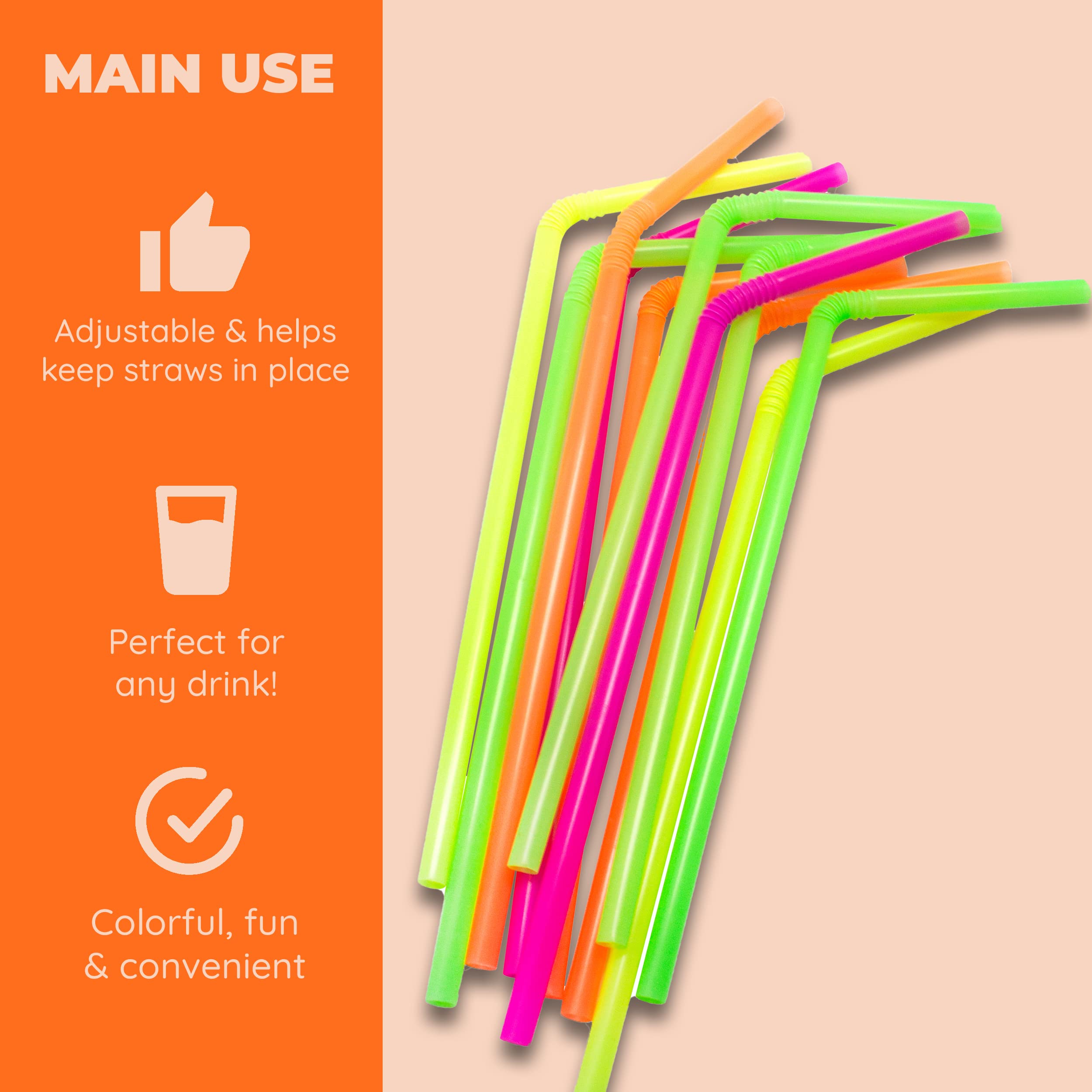 Jacent Flexible Disposable Drinking Straws, Bendable Plastic Neon Straws: 125 Count Per Pack, Fun Bendy Kids Straws, Great For S