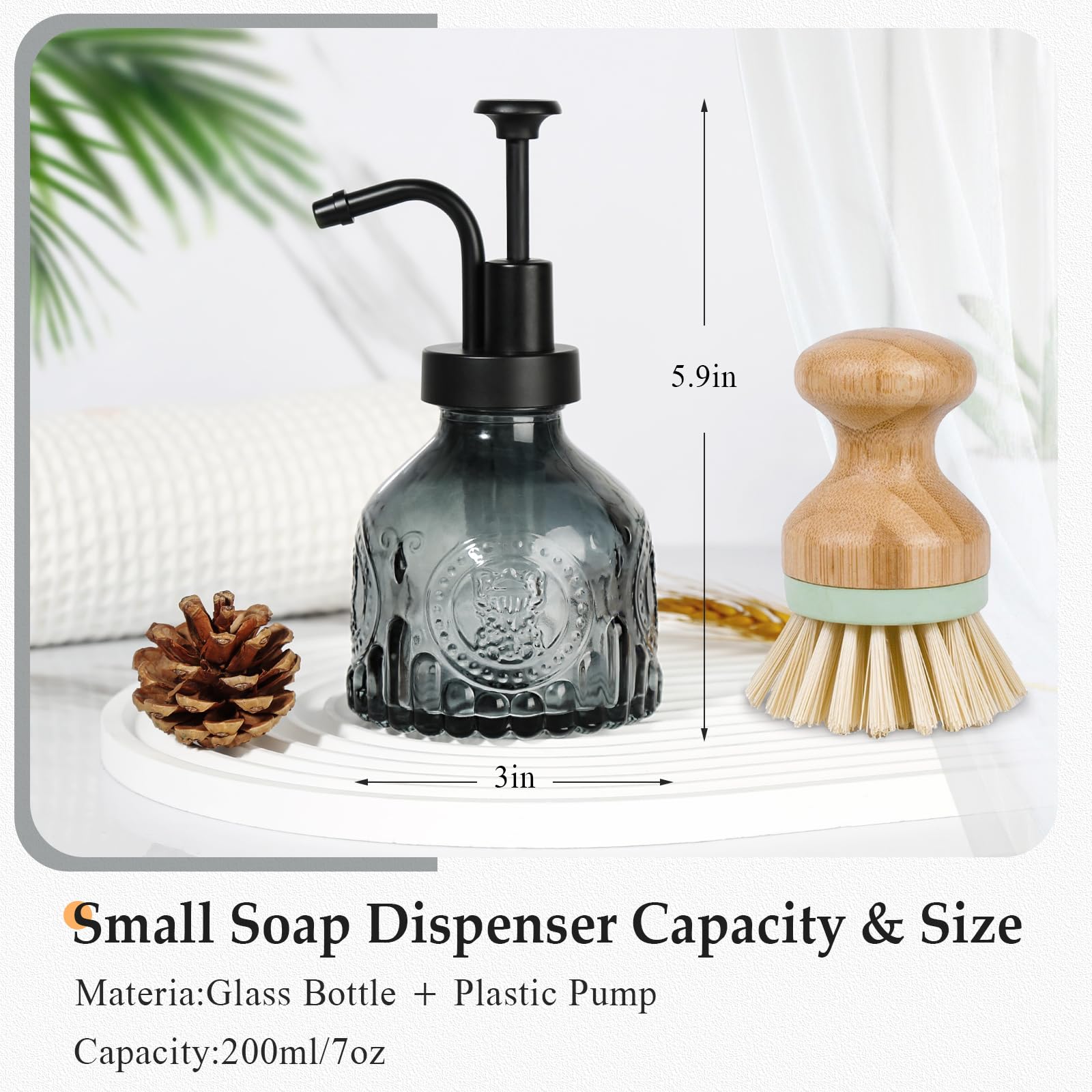 Racobot Black Soap Dispenser, Small Hand Soap Dispenser Bathroom, Glass Liquid Soap Dispenser With Pump, 7 Oz Refillable Dish So