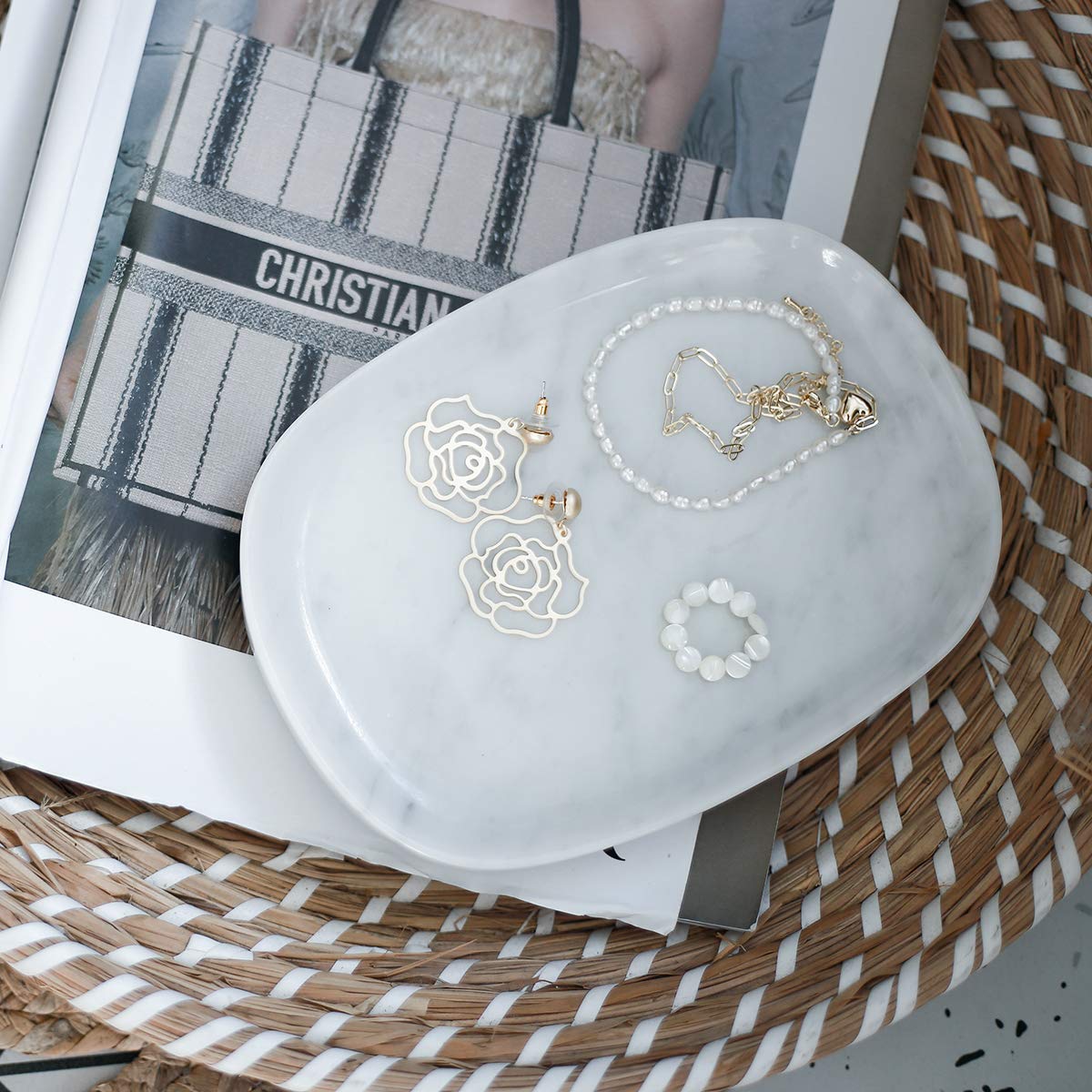 Jimei Marble Vanity Tray Decorative Tray Oval Storage Organizer Mini Bathroom Kitchen Dresser Jewelry Dish Ring Holder For Count