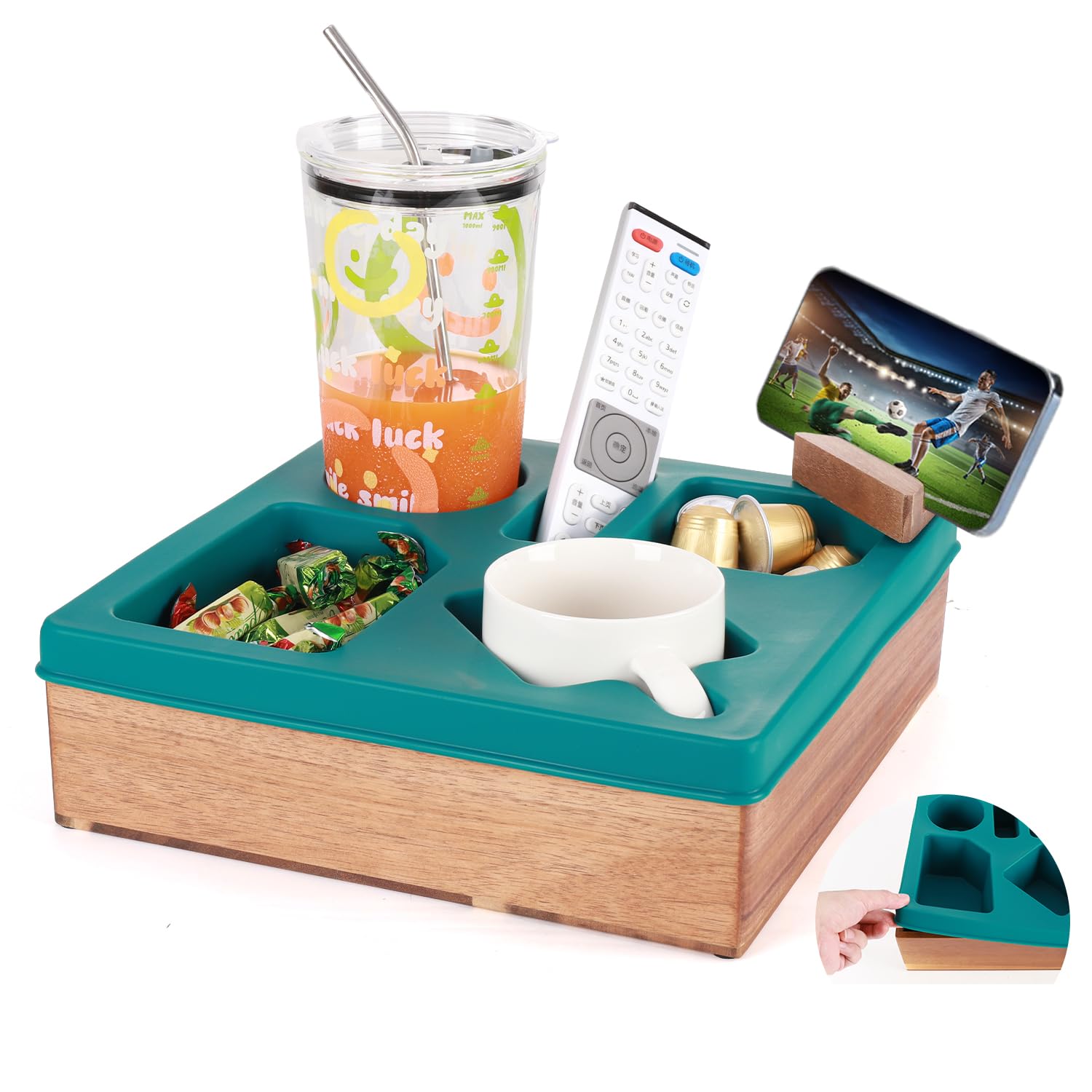 Couch Cup Holder Tray, Silicone Wooden Couch Caddy With Cup Holder For Snacks, Drinks, Remotes, Waterproof Cup Holder For Couch,