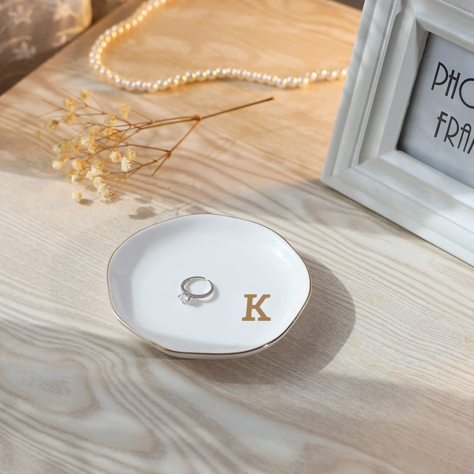 VINCOMIC Initials Ring Dish Jewery Tray with personalized K-Monogrammed Gifts Wedding Engagement for Women Friends sister,Cerami