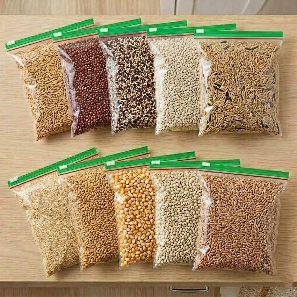 Reusable Food Storage Bags, 10Piece MultiSize StandUp Pouches, Clear HeavyDuty, Leakproof, Purple Slider Zipper, For Freezer