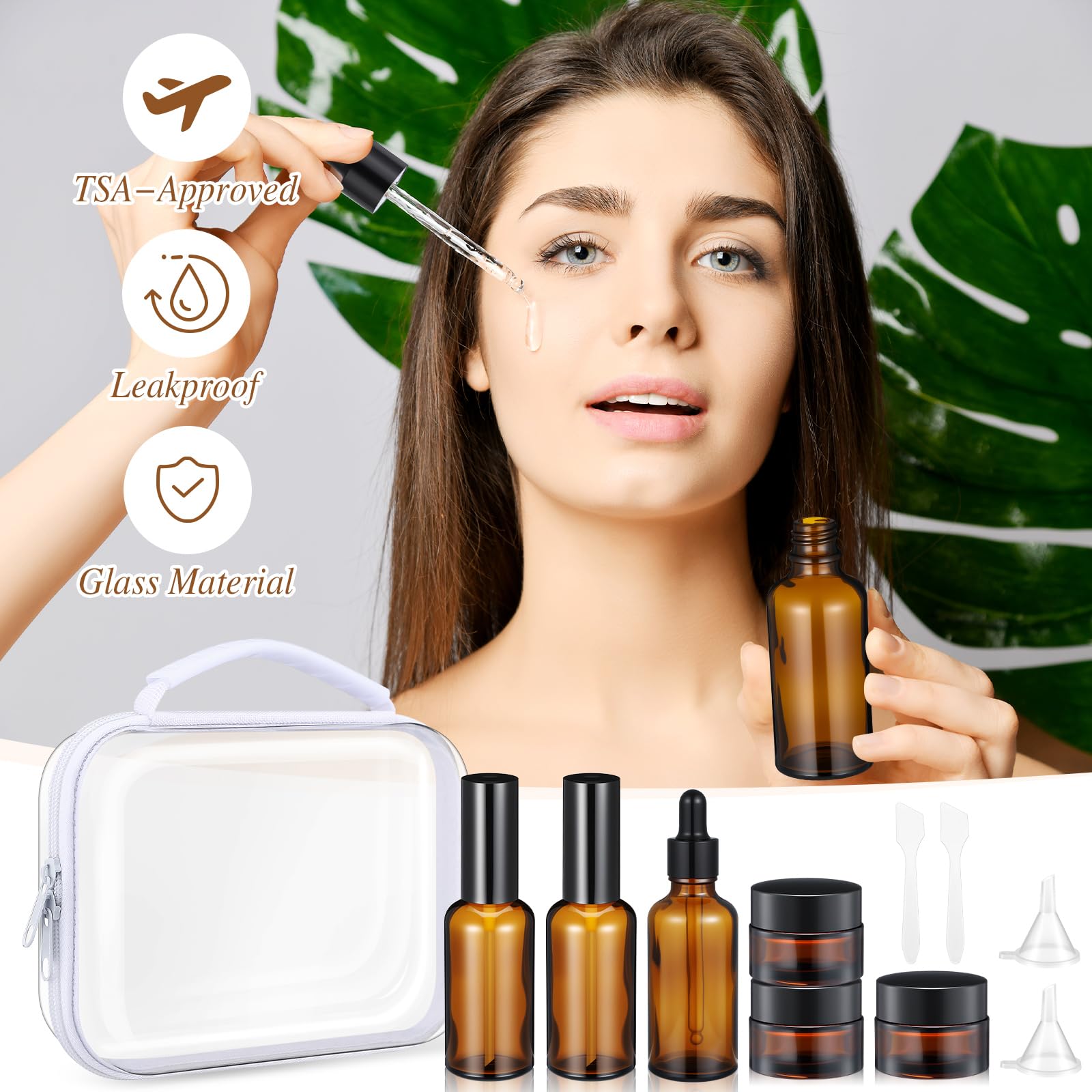 Qiyaz 11 Pcs Glass Travel Bottles With Clear Hard Zipper Case Skin Care Containers Travel Size Mini Makeup Containers Tsa Approv