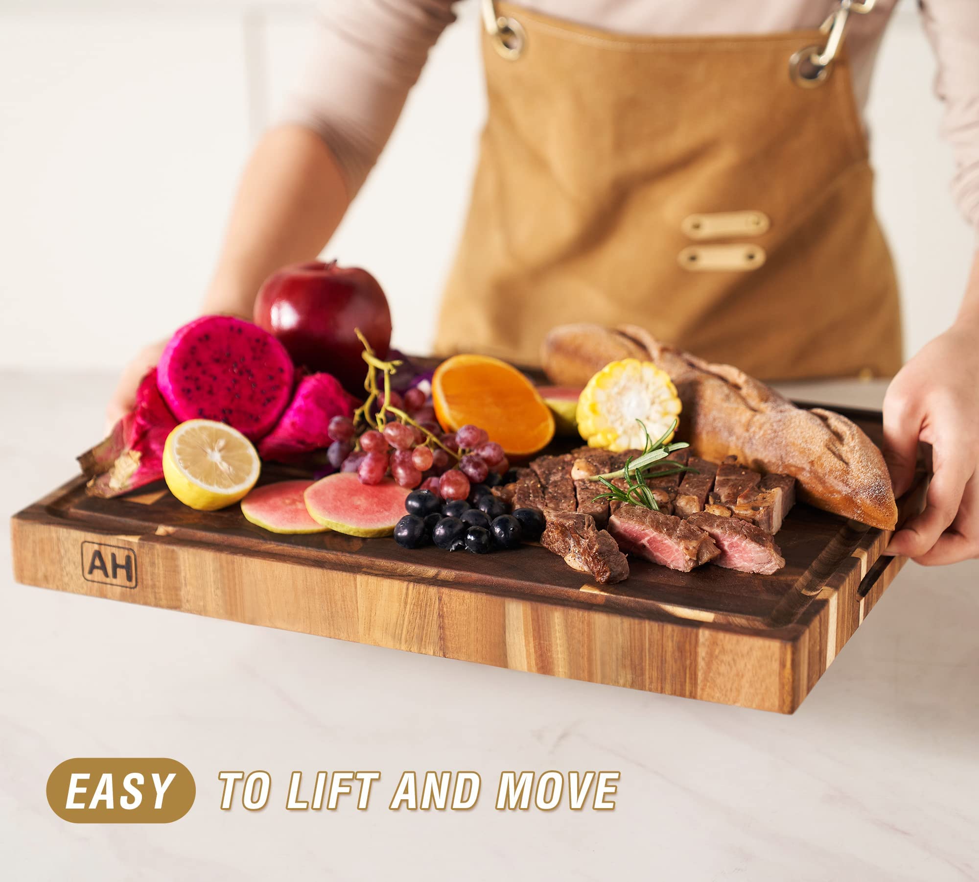 AZRHOM Large Thick End Grain Acacia Wood Butcher Block 17x13x1.5 in Wood Cutting Board for Kitchen with Non-slip Mats Juice Groo