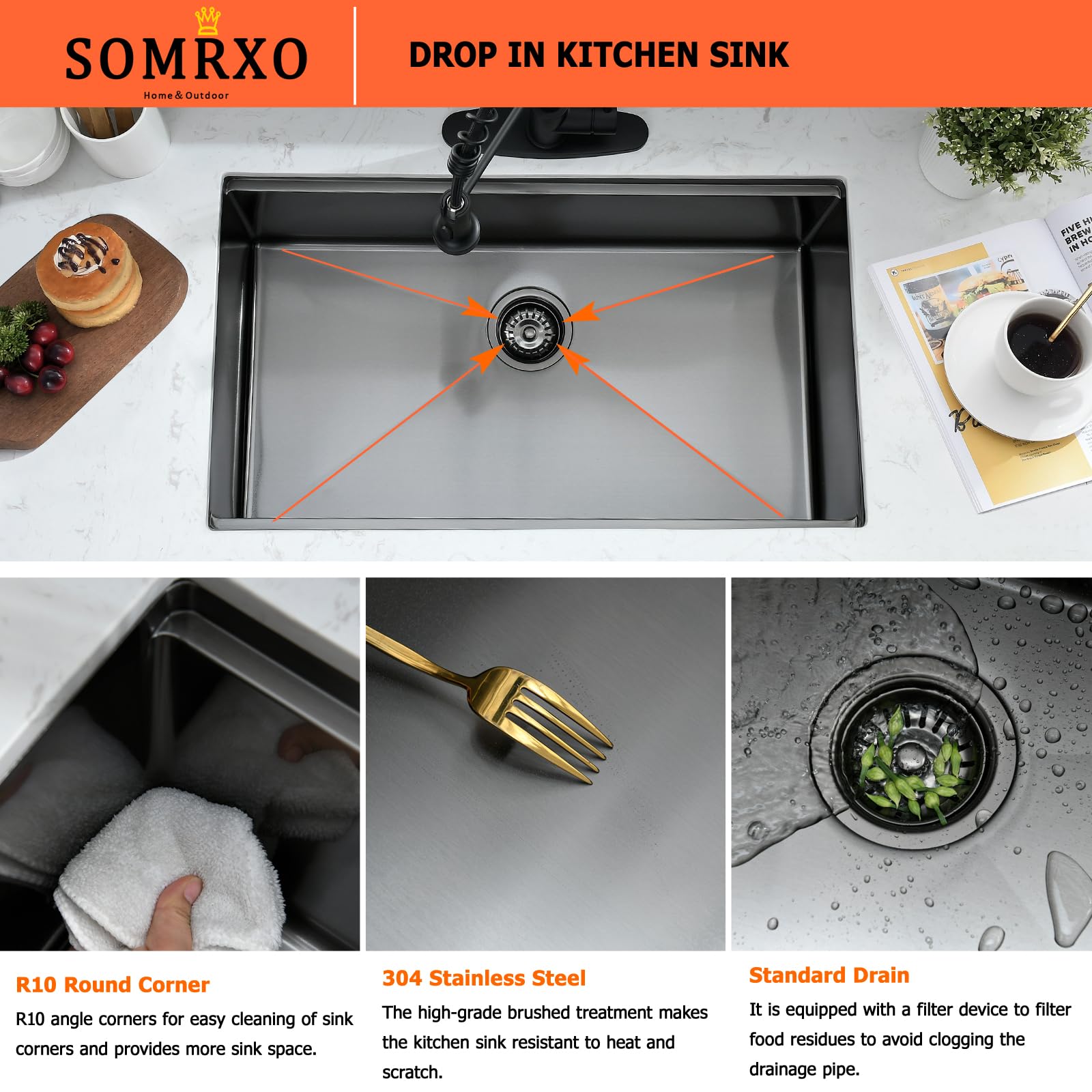 SOMRXO 32 Inch Black Undermount Workstation Kitchen Sink 32?9 Kitchen Sink Undermount 16 Gauge Gunmetal Black Stainless Steel Kitchen Sink 10 Inch Deep Single Bowl Kitchen Sinks With Accessories