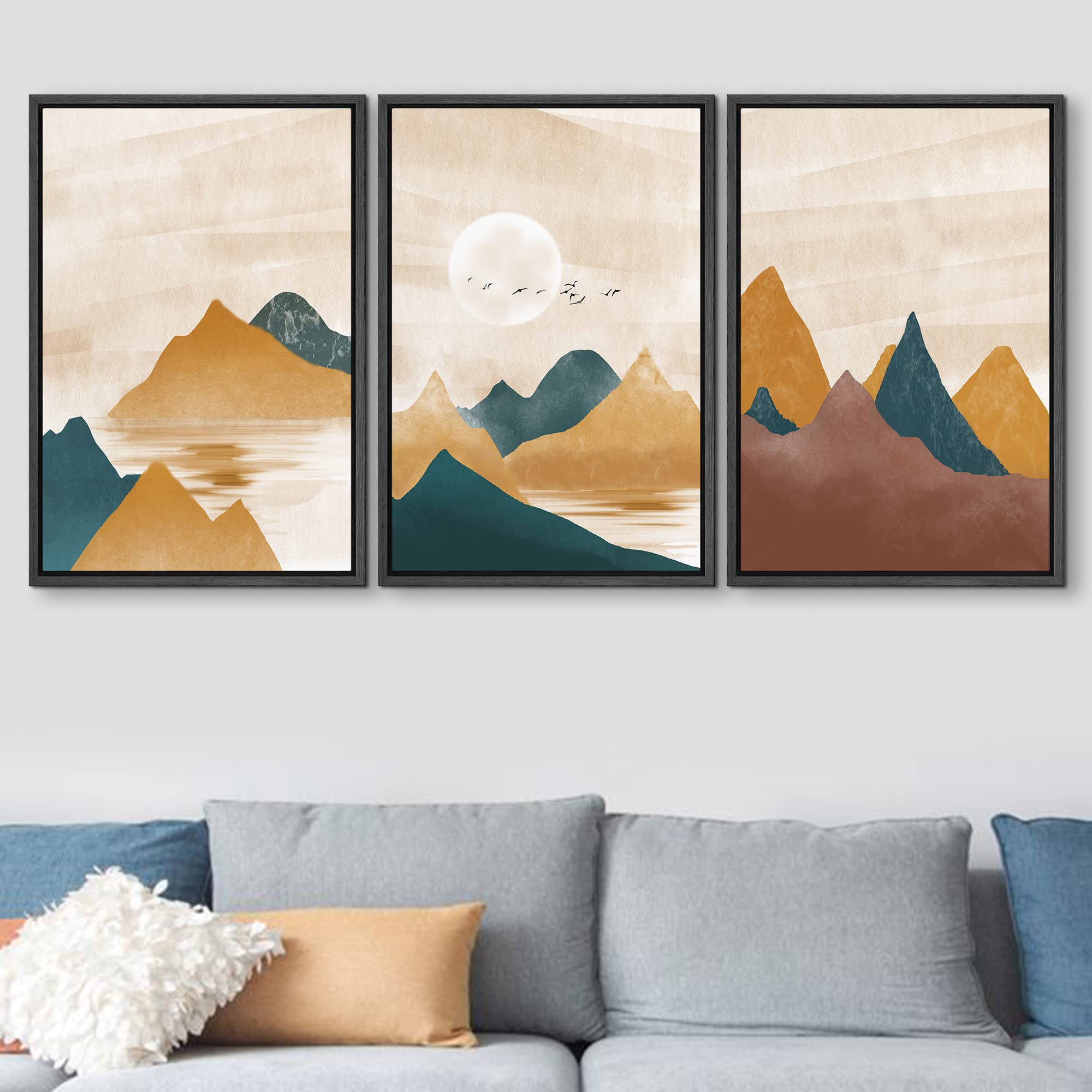 Signford Framed Canvas Print Wall Art Set Rustic Mountain Range Sunlight Sky Abstract Nature Digital Art Modern Art Decorative C