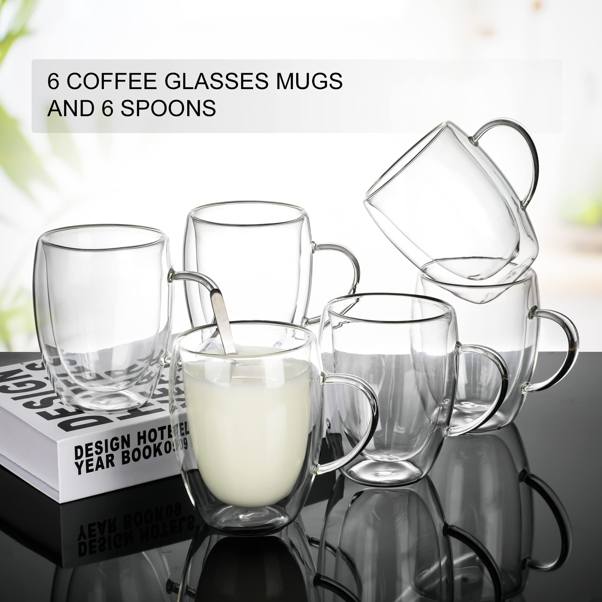 LIBWYS 6 Pack Double Walled coffee cups glasses Mugs  12oz Espresso cappuccino Latte Tea cups with Handle  Heat Resistant Borosilicate clear glasses 350ml