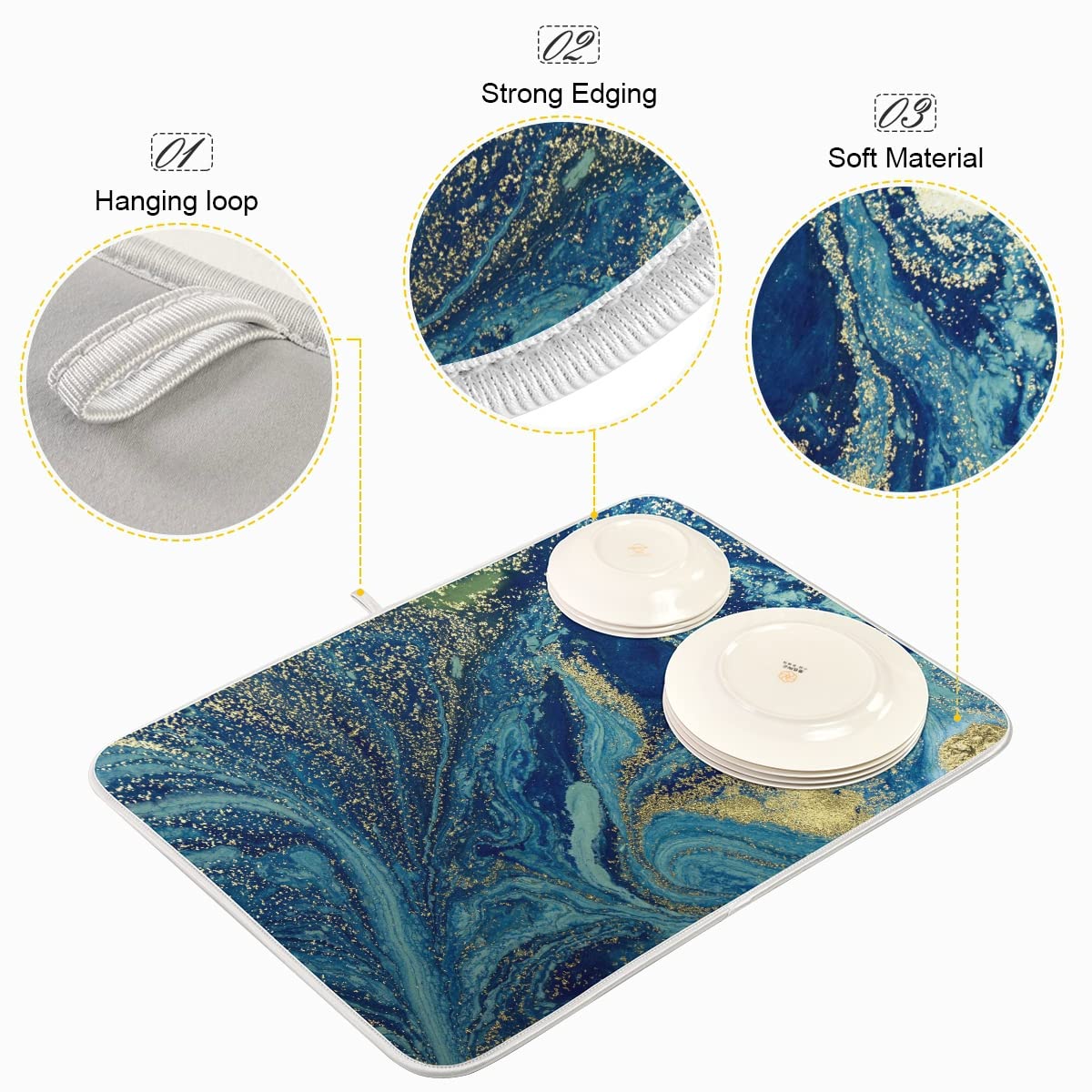 Marble Print Dish Drying Mat Blue Golden Tie Dye Mat For Kitchen Counter Tops,Microfiber Drying Mats Absorbent Reversible Dish P