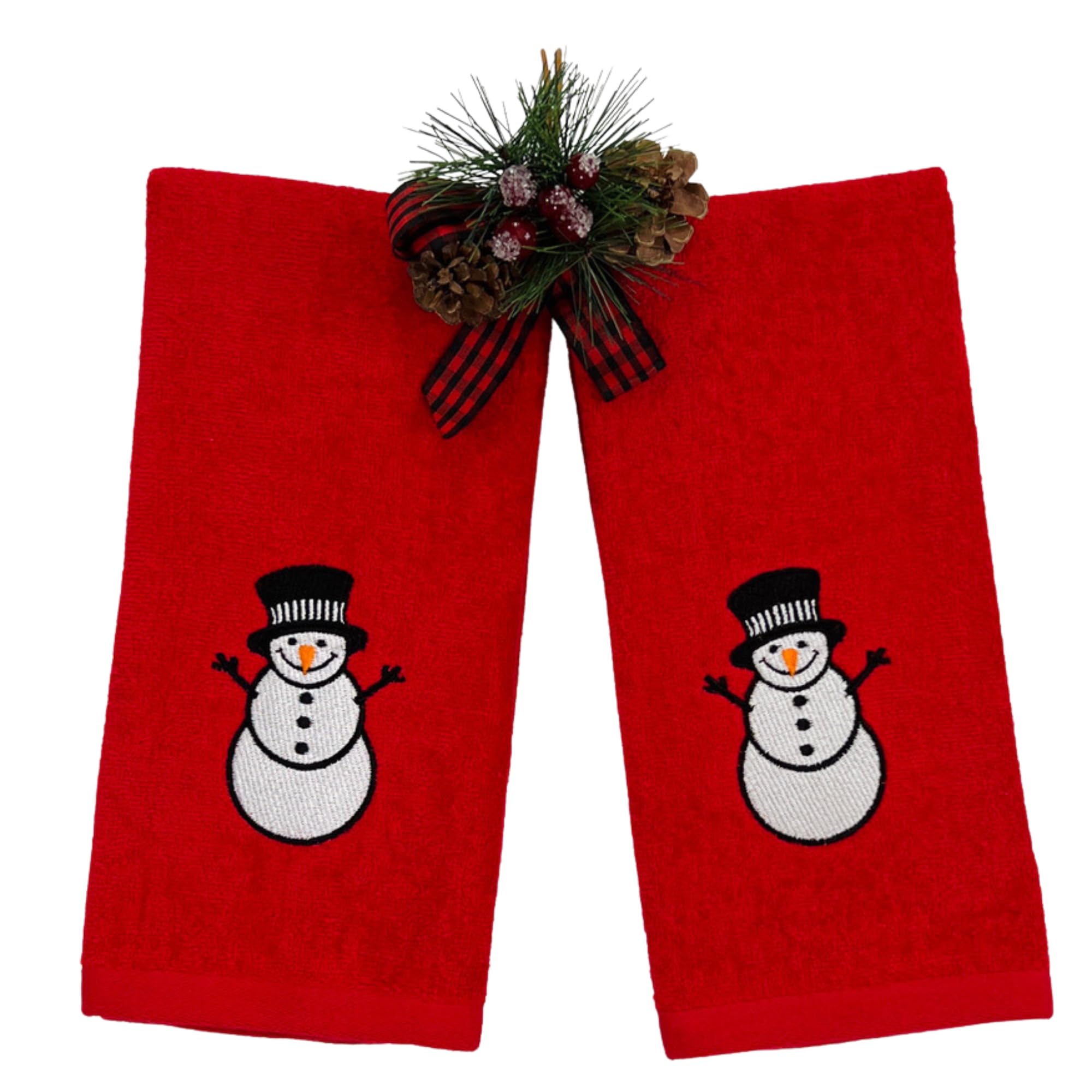 Christmas Holiday Red Snowman Hand Towels With Checkered Border: Luxury Bathroom Guest Towels, Embroidered (25'' X 16'' Inch)