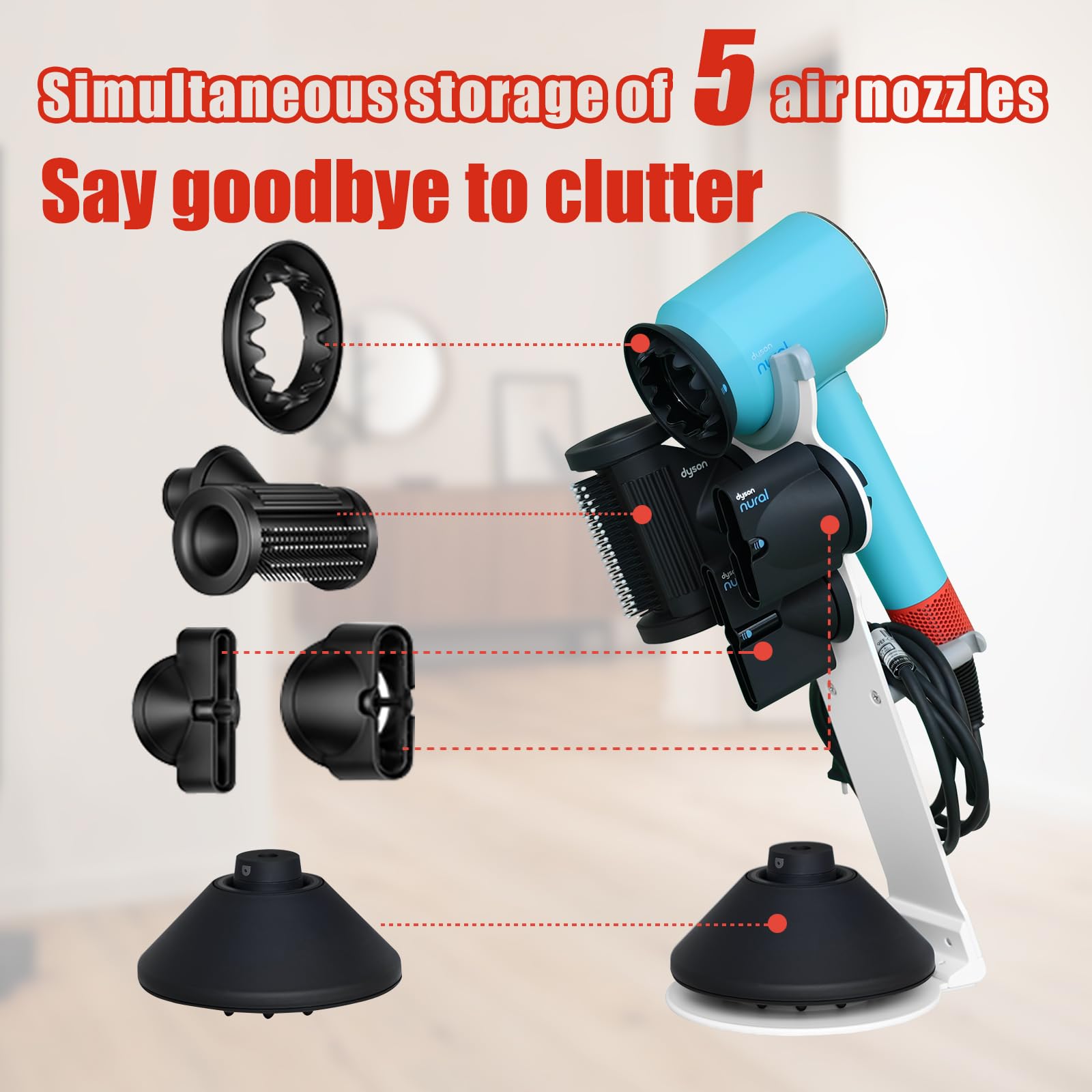 Catoomuu Hair Dryer Stand Holder For Dyson Supersonic, Dyson Blow Dryer Accessory Organizer, Attachments Counter Storage Rack, W